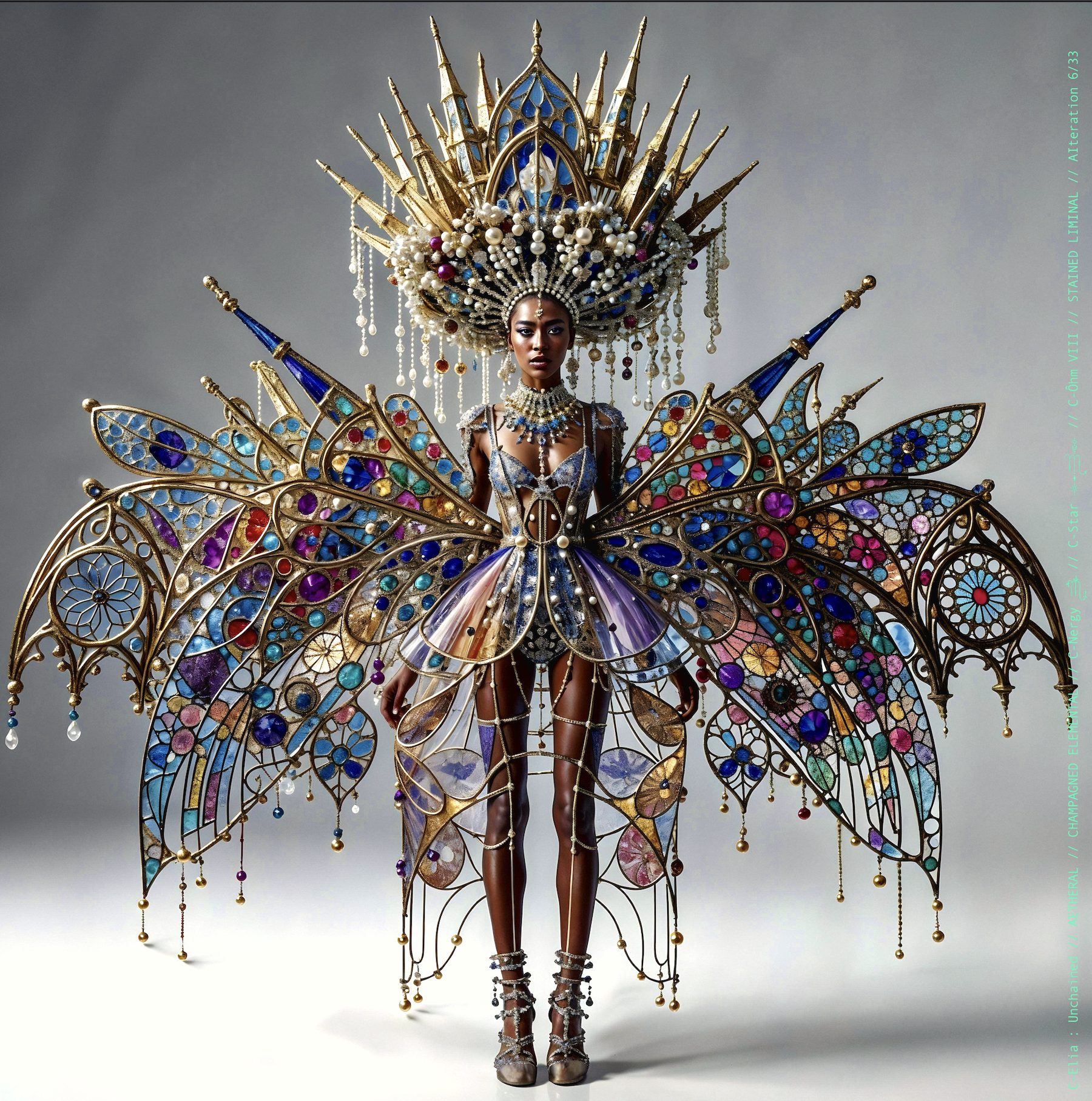 Surreal haute meta couture NFT silhouette from C-Elia: Unchained, Stained Liminal collection, inspired by cathedral stained glass and Mondrian geometry, merging sacred light, metallic reflections, and futuristic architecture into a living holographic couture sculpture.
