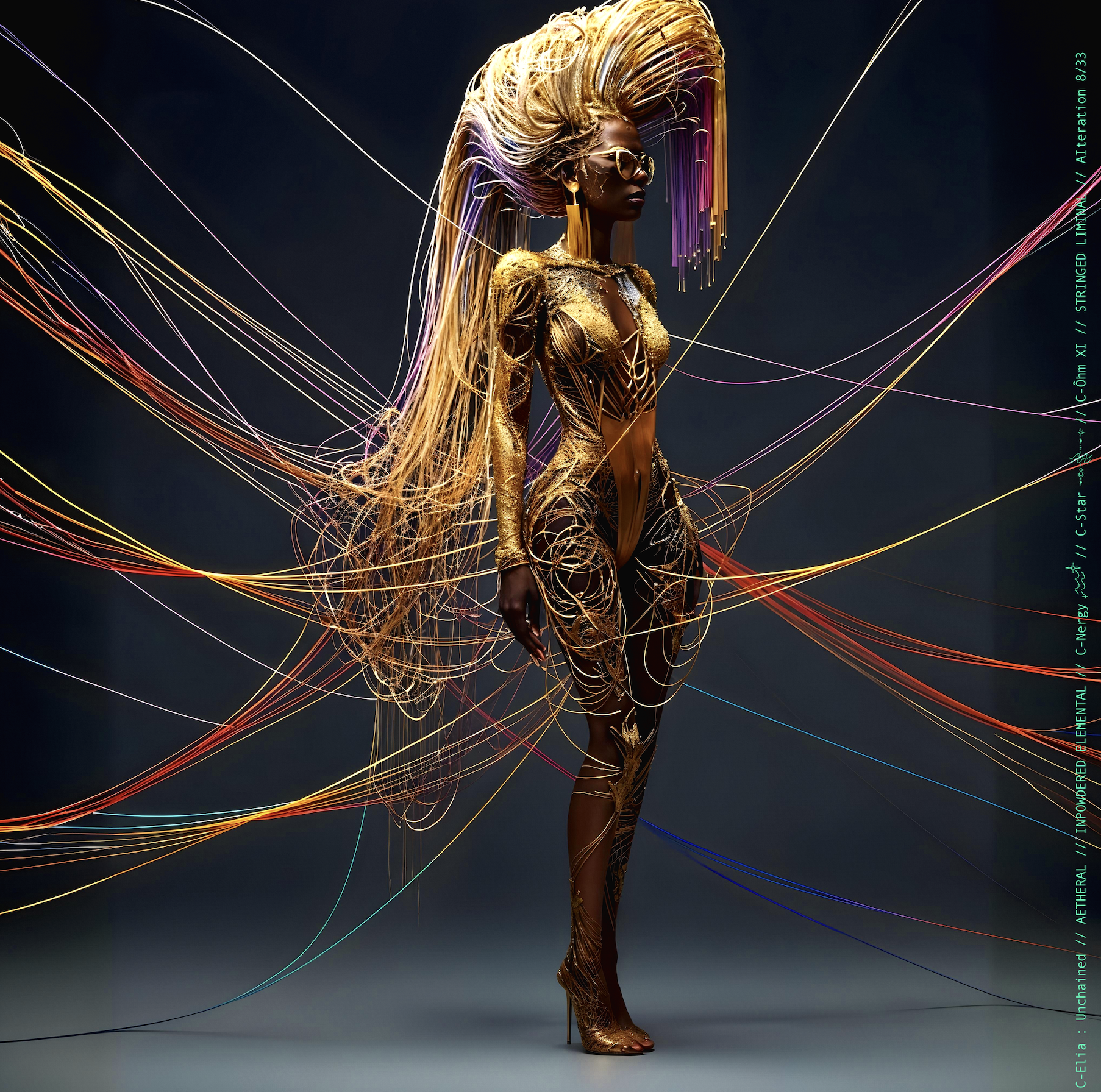 Surreal haute meta  couture NFT silhouette from C-Elia: Unchained, Stringed Liminal collection. A living sculpture made entirely of golden and colored strings, merging art, vibration and geometry into a resonant couture form.