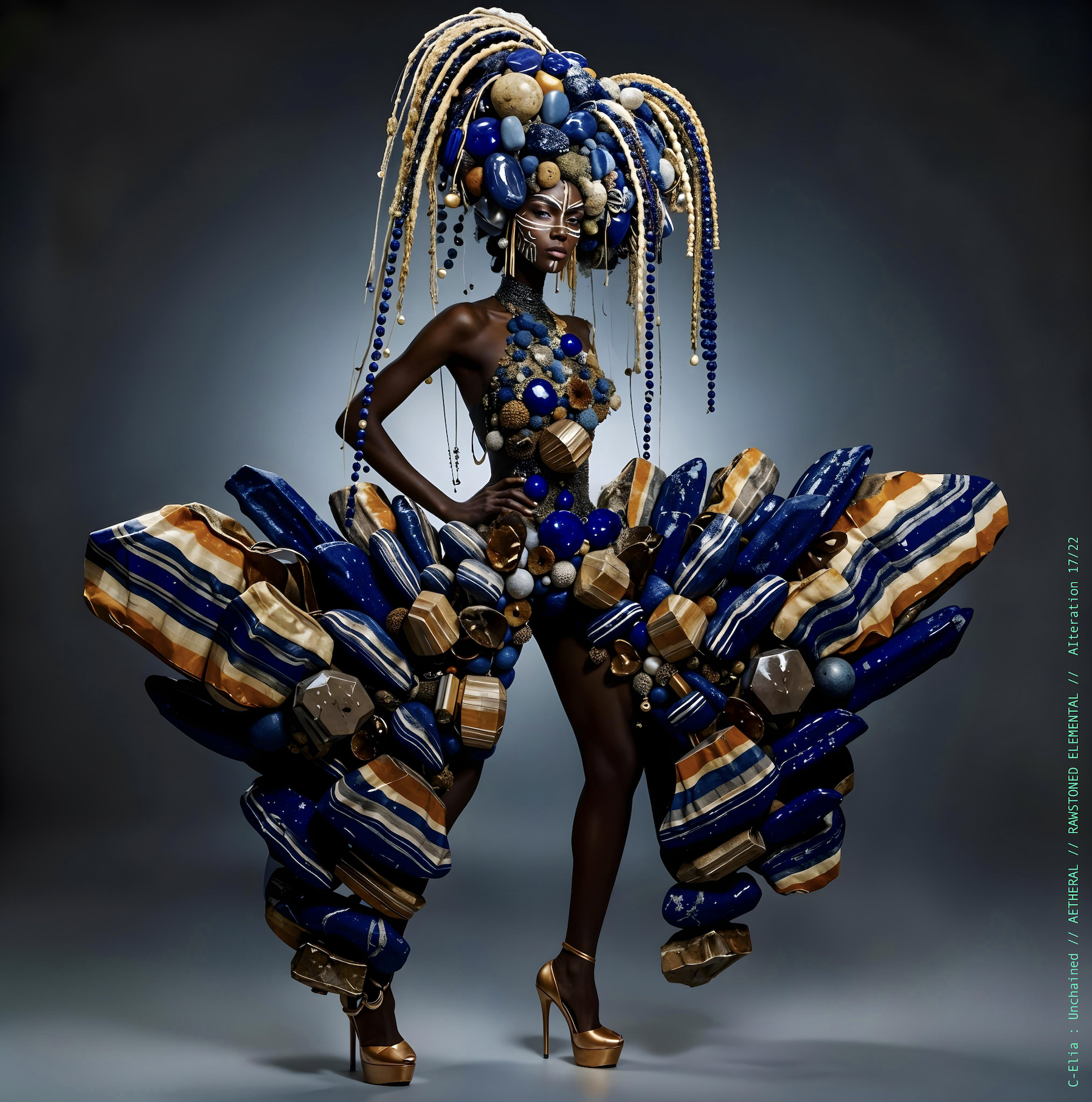 Surreal haute meta couture NFT silhouette from C Elia Unchained, Rawstoned Elemental collection, merging precious-stone hairstyles, raw mineral strata, lapis lazuli fractures and the tectonic elegance of avant garde couture.