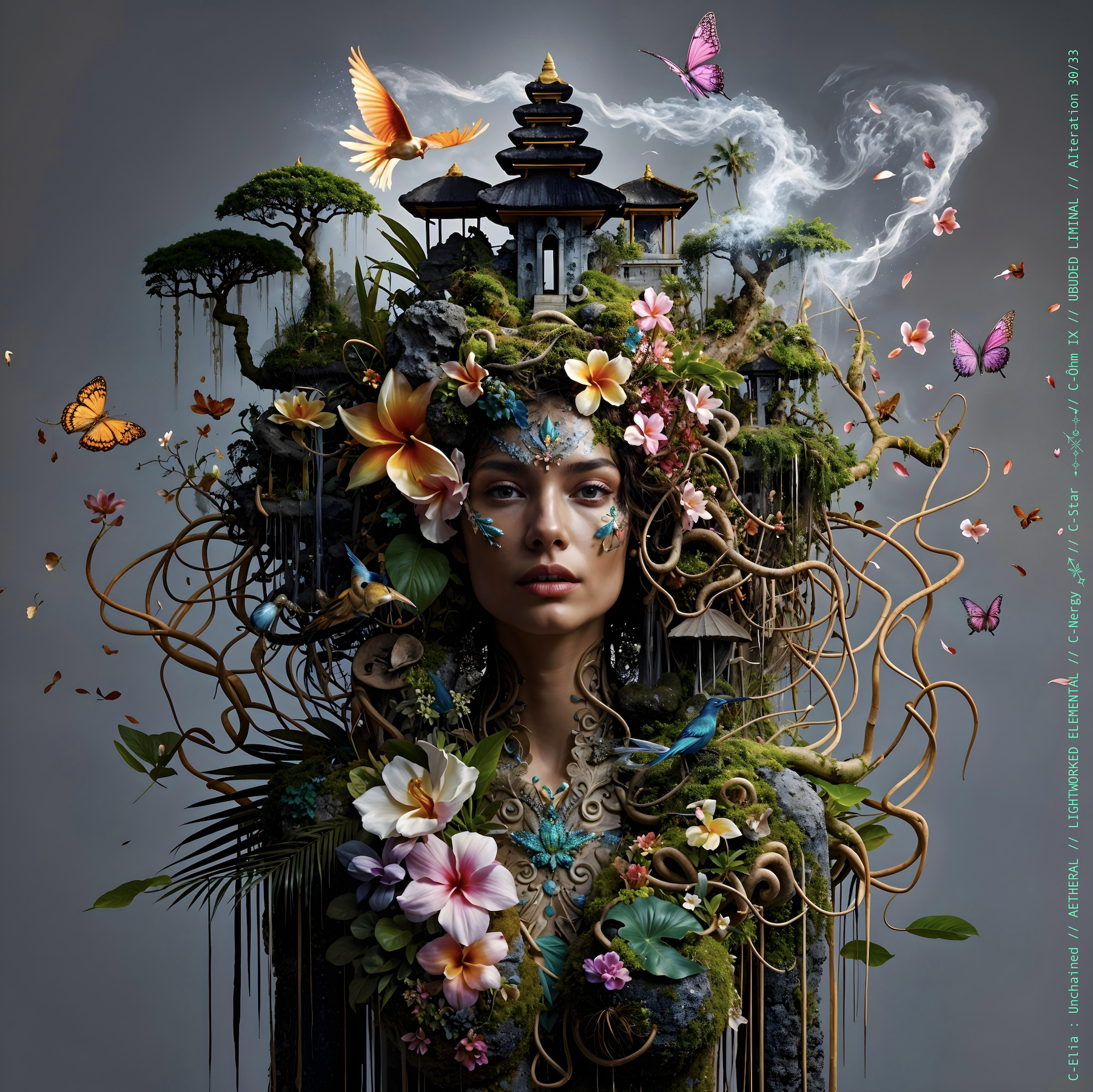 Surreal haute meta couture NFT silhouette from C Elia Unchained, Ubuded Liminal collection, merging tropical Balinese garden architecture, volcanic stone, drifting petals, incense smoke and sacred botanical couture inspired by Asian Dub Foundation’s “Witness.”