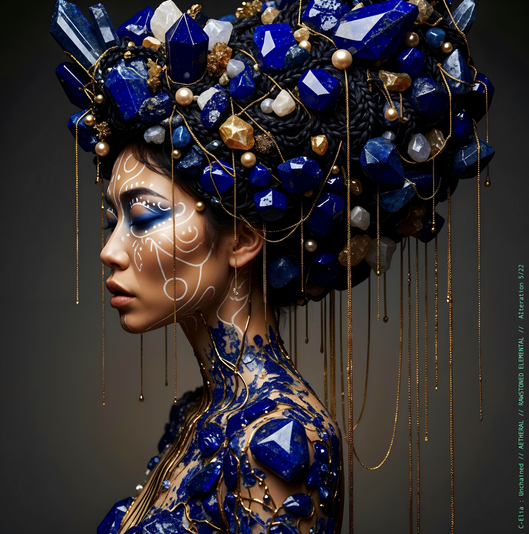 Surreal haute meta couture NFT silhouette from C Elia Unchained, Rawstoned Elemental collection, merging precious-stone hairstyles, raw mineral strata, lapis lazuli fractures and the tectonic elegance of avant garde couture.