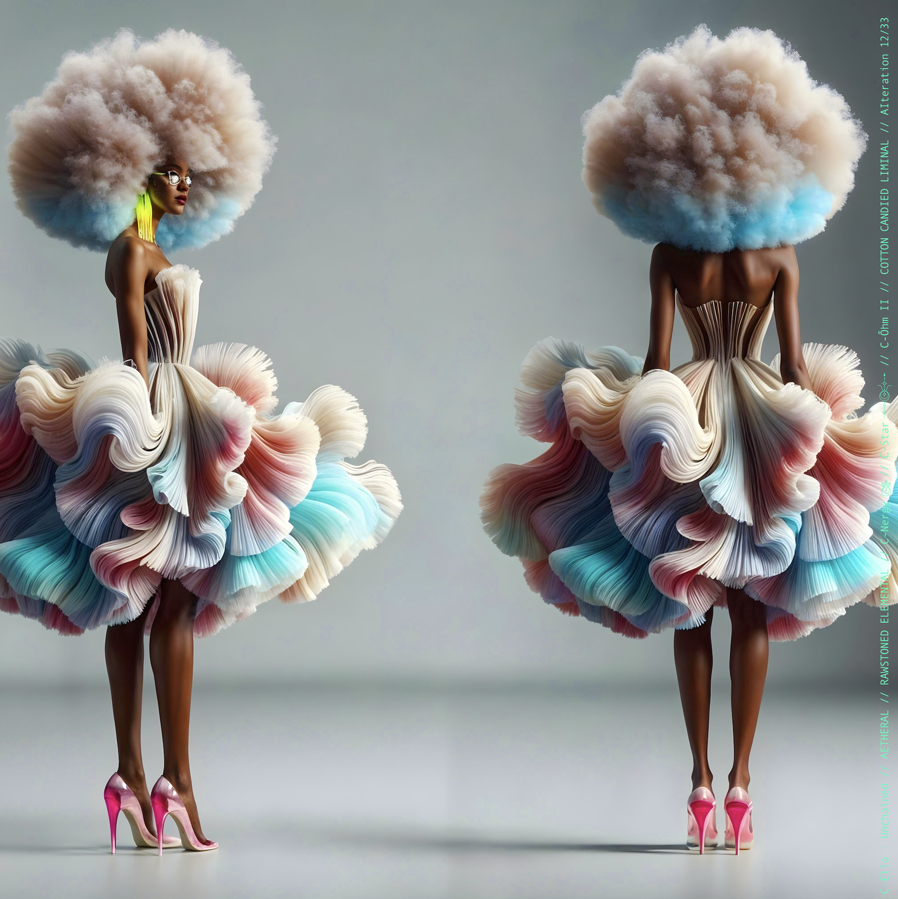 Surreal haute meta couture NFT silhouette from C Elia: Unchained, Cotton Candied Liminal collection, inspired by pastel cotton candy clouds and Khmer gold tattoos, merging sweetness, rebellion and couture into a living vaporous sculpture.