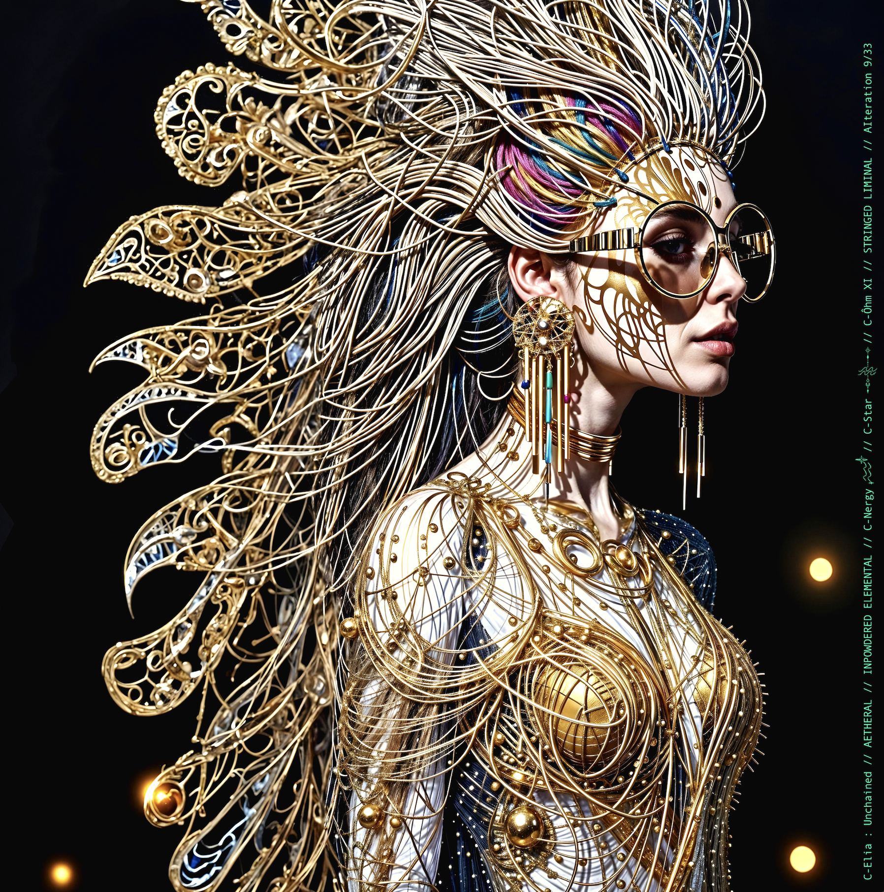 Surreal haute meta  couture NFT silhouette from C-Elia: Unchained, Stringed Liminal collection. A living sculpture made entirely of golden and colored strings, merging art, vibration and geometry into a resonant couture form.