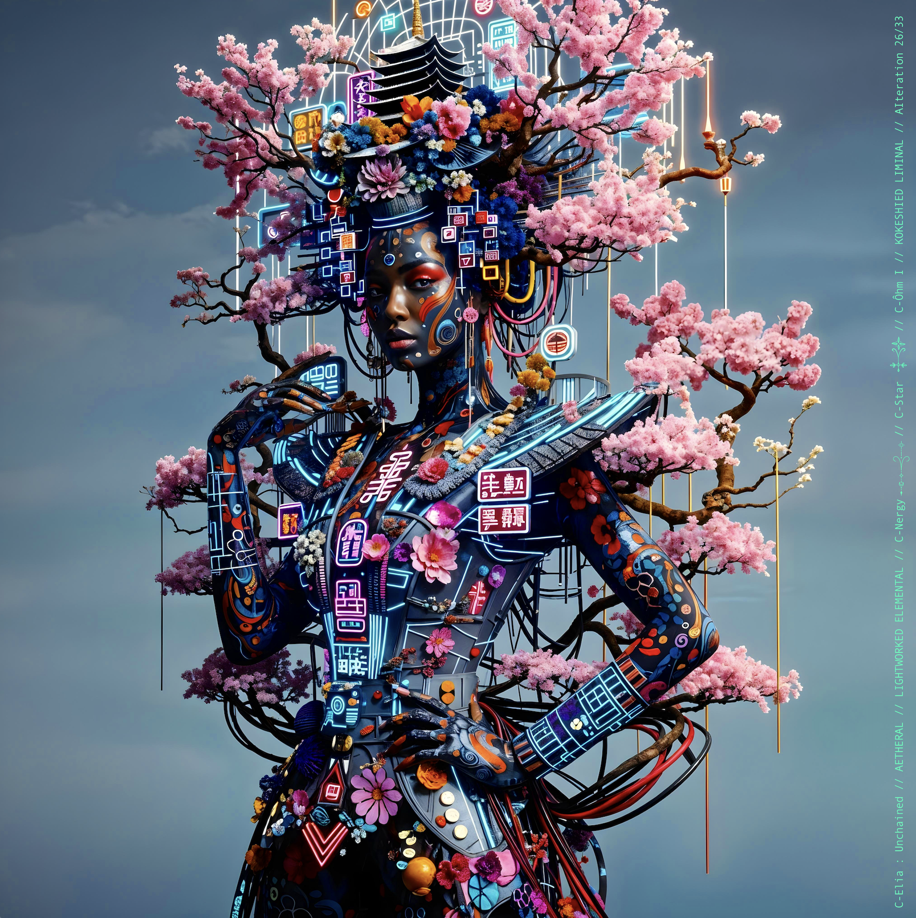 Surreal haute meta couture NFT silhouette from C-Elia: Unchained, Kokeshied Liminal, a fusion of Kyoto serenity and Shibuya light embodied in a living digital shrine.