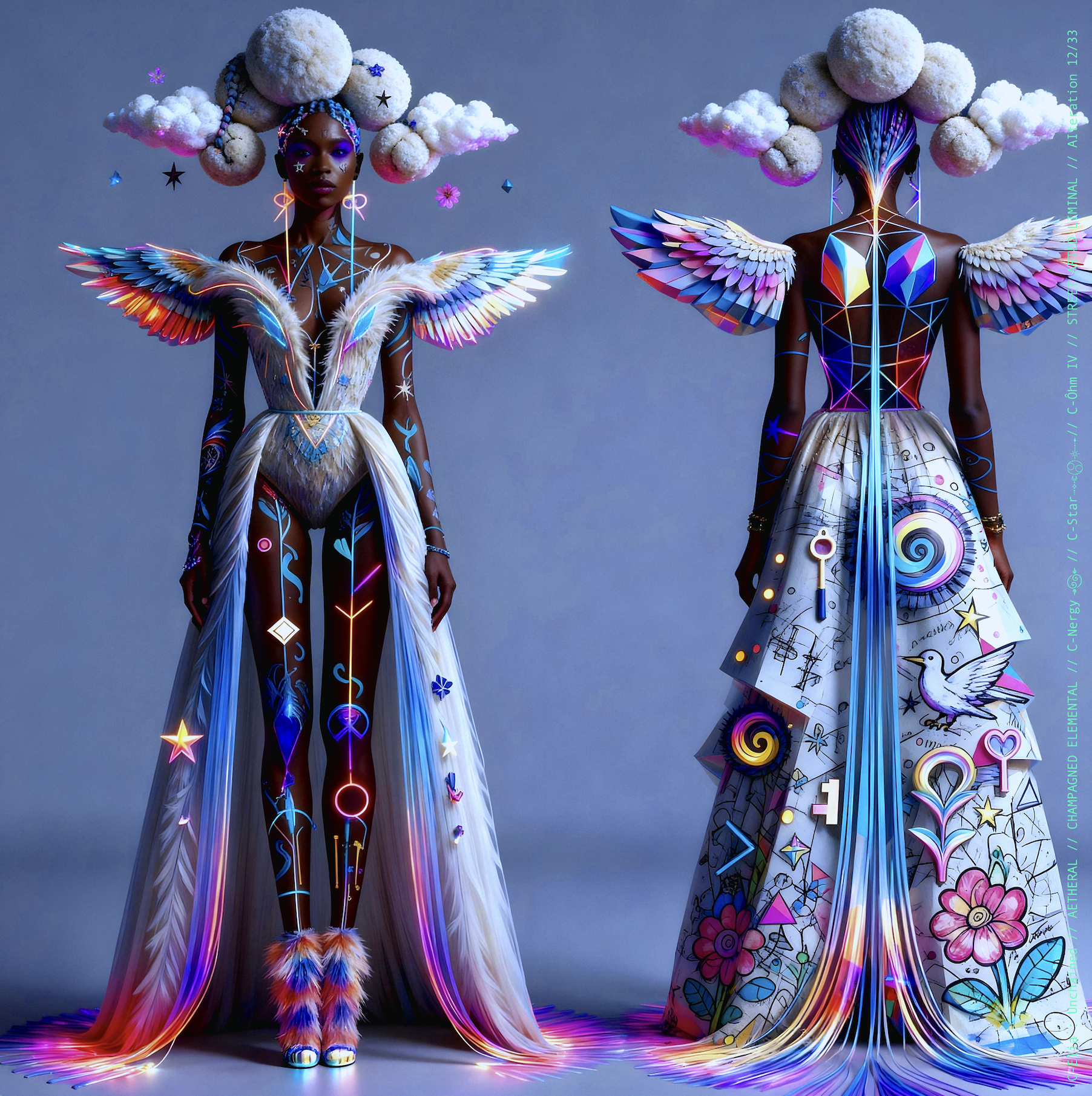 Surreal haute meta couture NFT silhouette from C Elia Unchained, Streetarted Liminal collection, merging liquid graffiti textures, neon mist, chromatic drips and atmospheric street-paint couture.