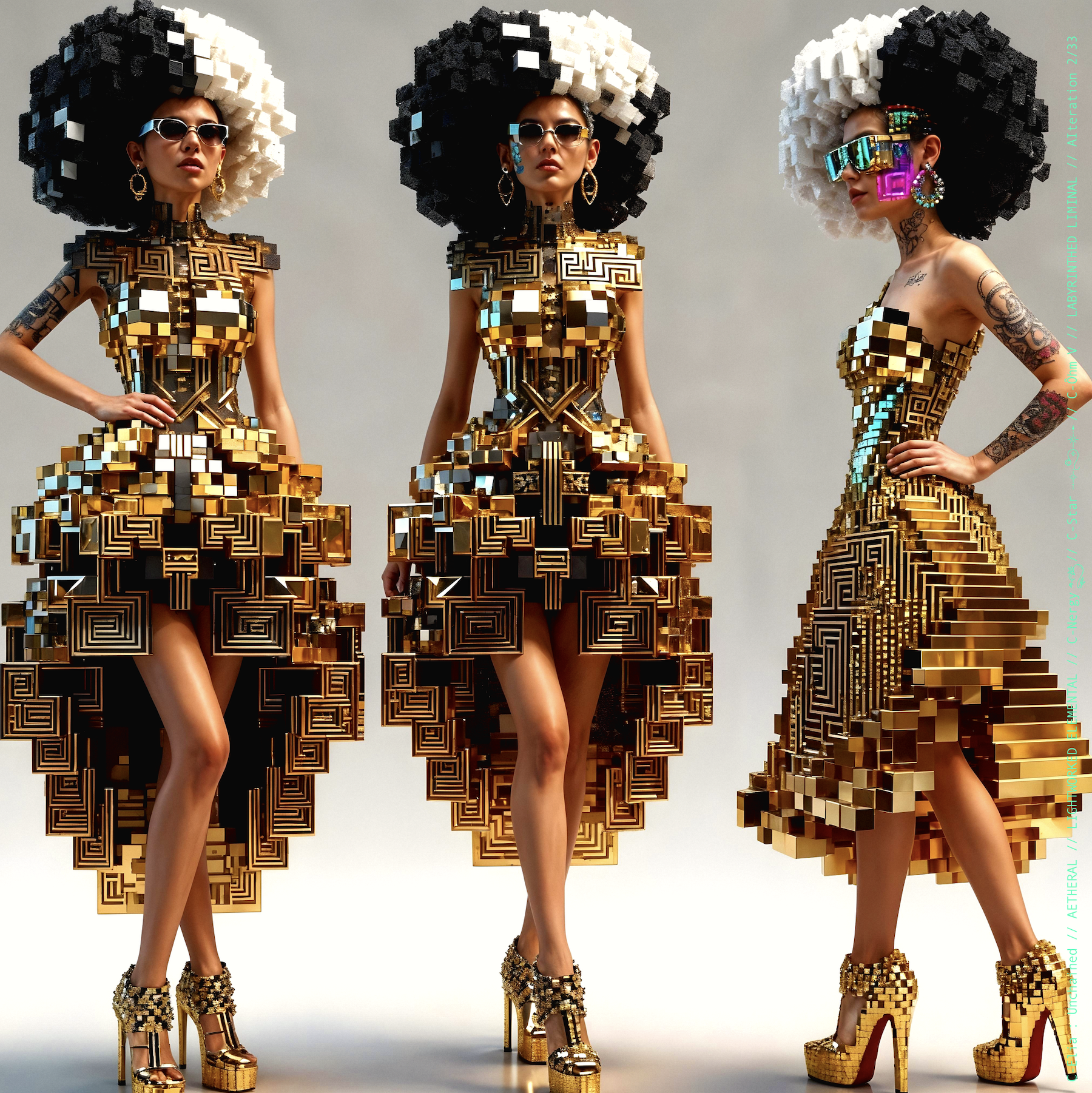 Surreal haute meta couture NFT silhouette from C Elia Unchained, Labyrinthed Liminal collection, inspired by mirrored labyrinth geometry and the chromatic echo of Blue Boy’s “Remember Me,” merging pixel tattoos, gold voxel structures and reflective couture architecture.
