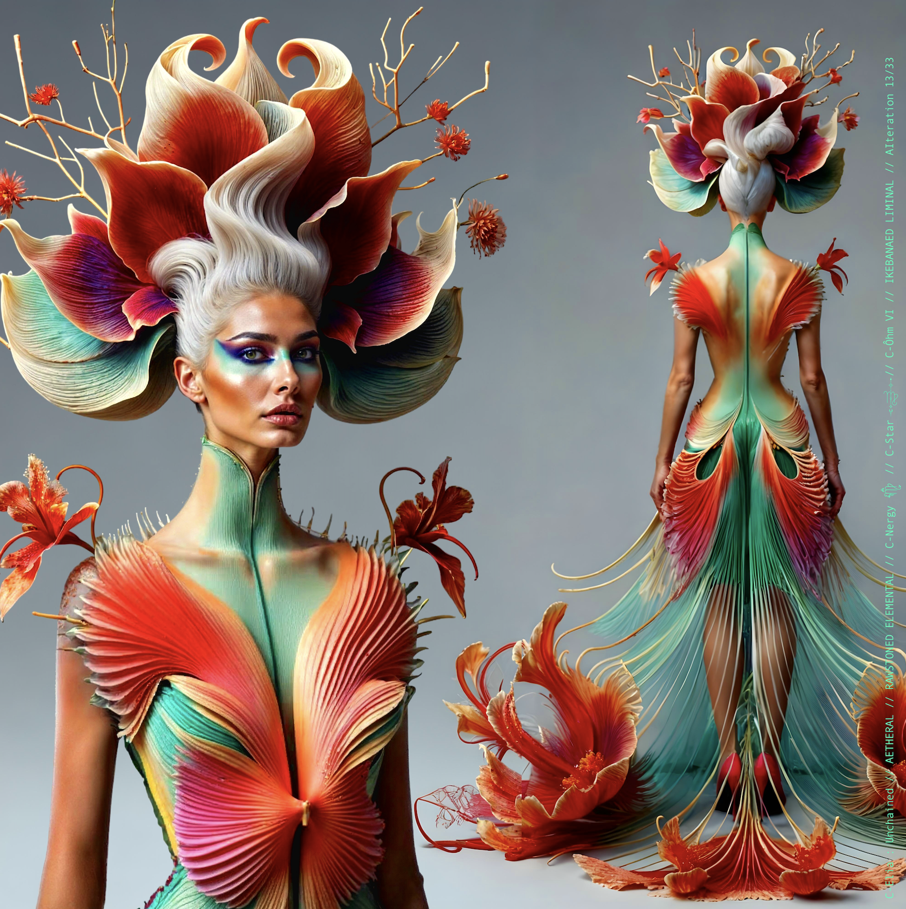 Surreal haute meta couture NFT silhouette from C-Elia: Unchained, Ikebanaed Liminal collection, inspired by floral architecture and Japanese composition, merging nature, geometry and serenity into a living couture sculpture.