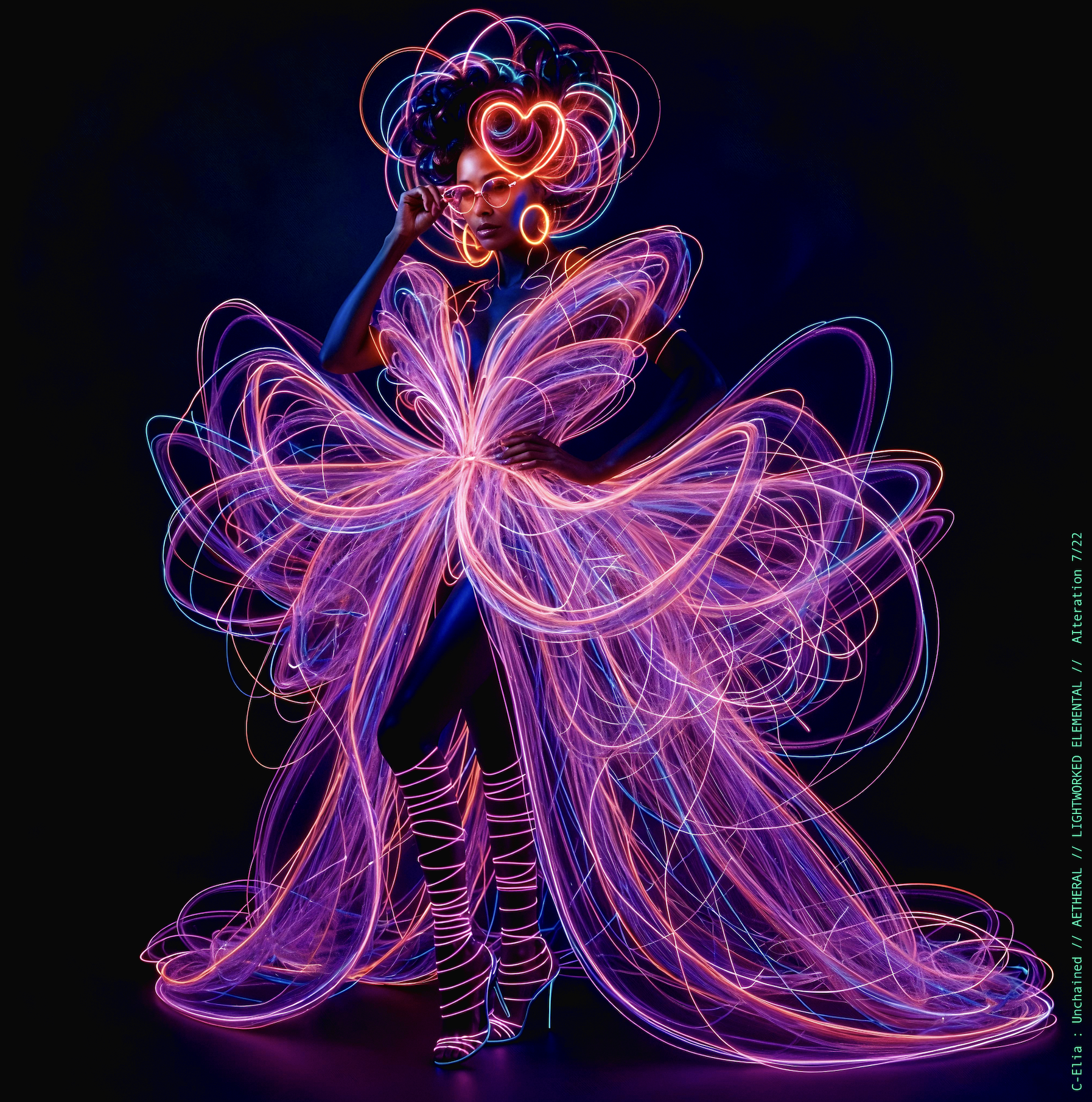 Surreal haute meta couture NFT silhouette from C-Elia: Unchained, Lightworked Elemental collection, a luminous architectural form sketched entirely in neon-painted lines and glowing contours, blending avant-garde light geometry with ethereal couture energy.