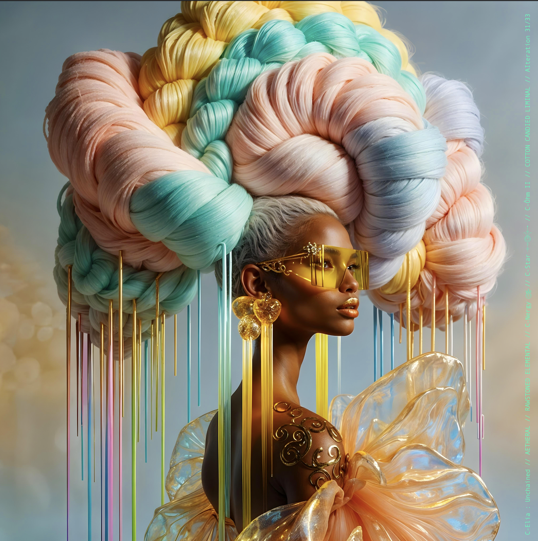 Surreal haute meta couture NFT silhouette from C Elia: Unchained, Cotton Candied Liminal collection, inspired by pastel cotton candy clouds and Khmer gold tattoos, merging sweetness, rebellion and couture into a living vaporous sculpture.
