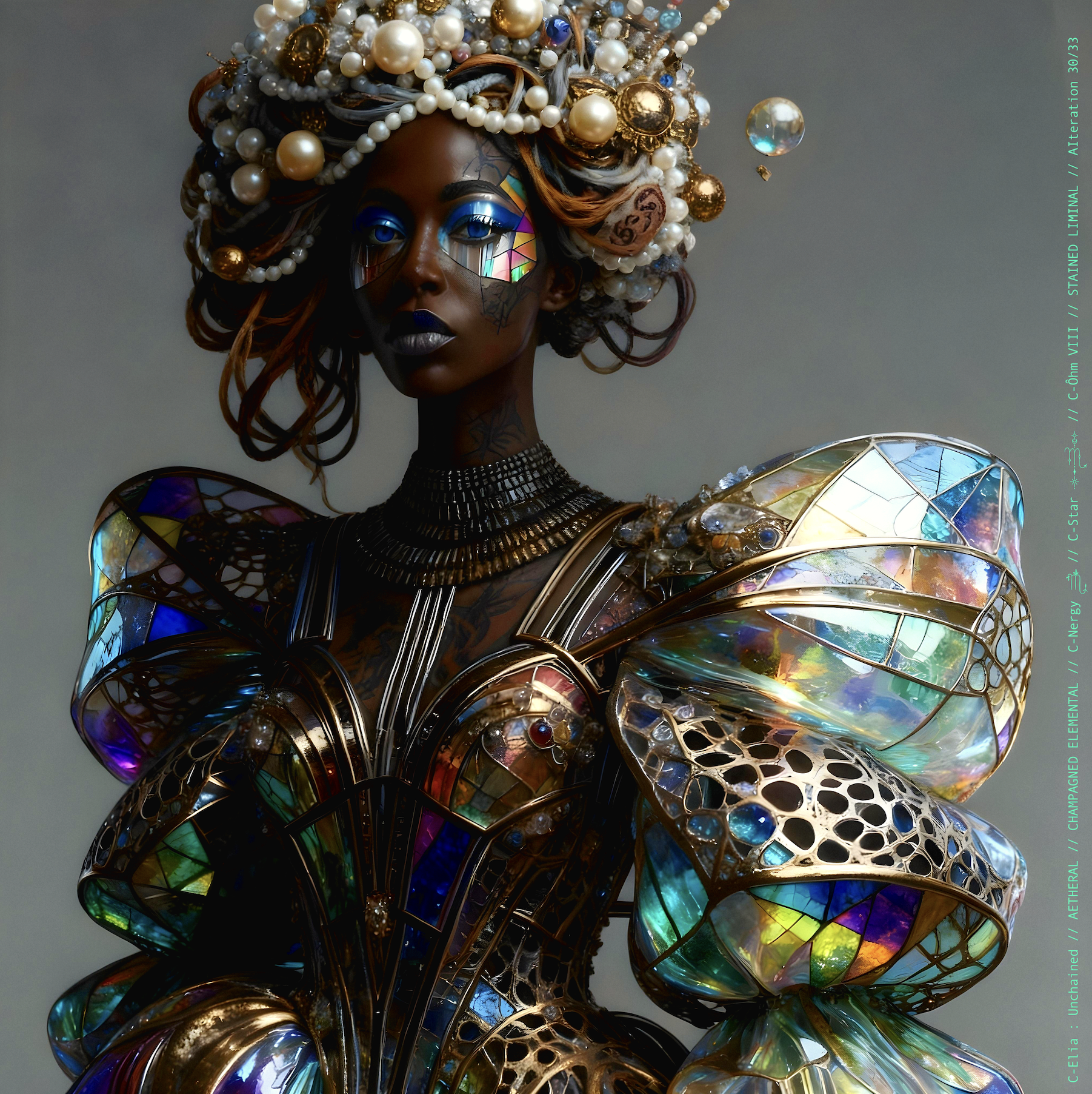 Surreal haute meta couture NFT silhouette from C-Elia: Unchained, Stained Liminal collection, inspired by cathedral stained glass and Mondrian geometry, merging sacred light, metallic reflections, and futuristic architecture into a living holographic couture sculpture.