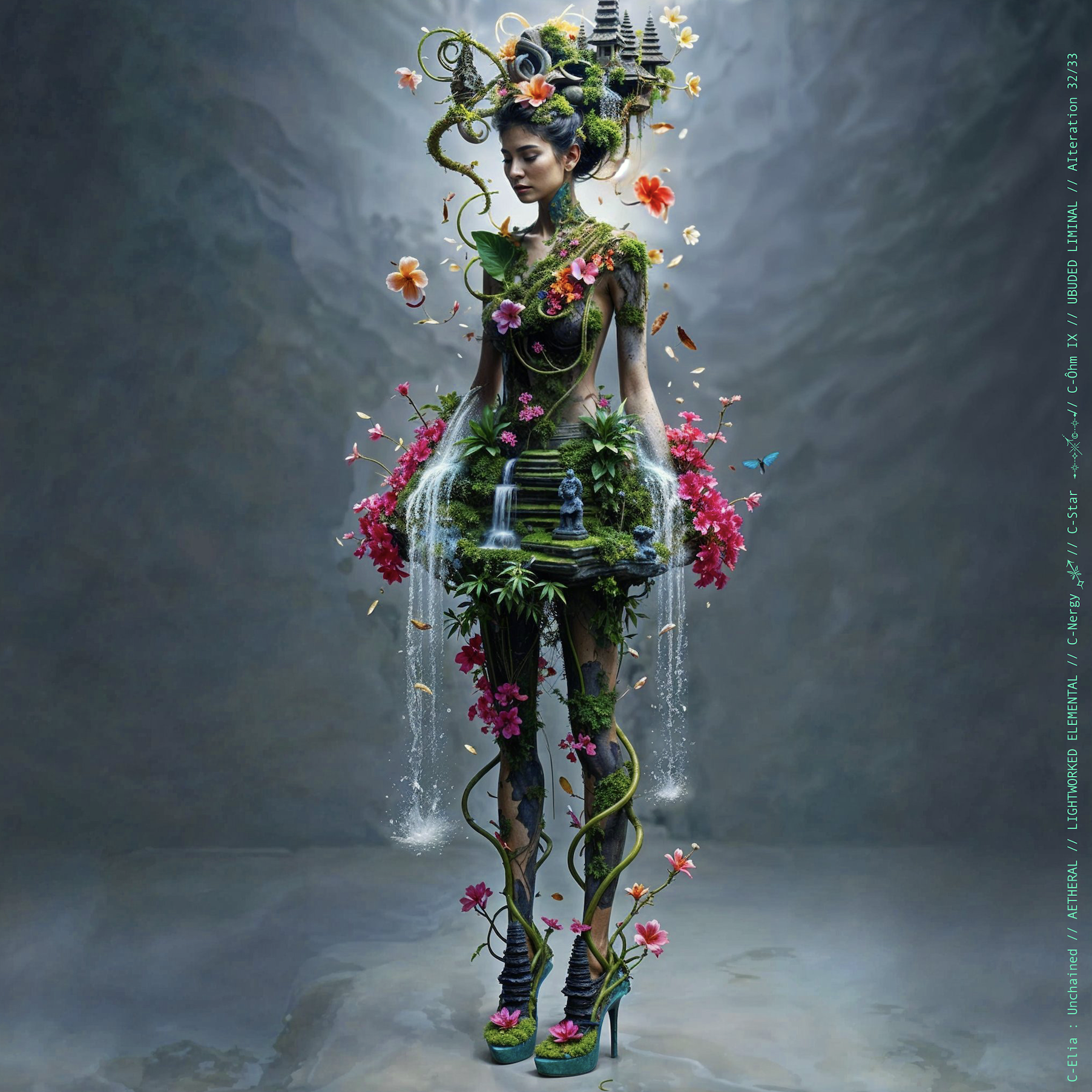 Surreal haute meta couture NFT silhouette from C Elia Unchained, Ubuded Liminal collection, merging tropical Balinese garden architecture, volcanic stone, drifting petals, incense smoke and sacred botanical couture inspired by Asian Dub Foundation’s “Witness.”