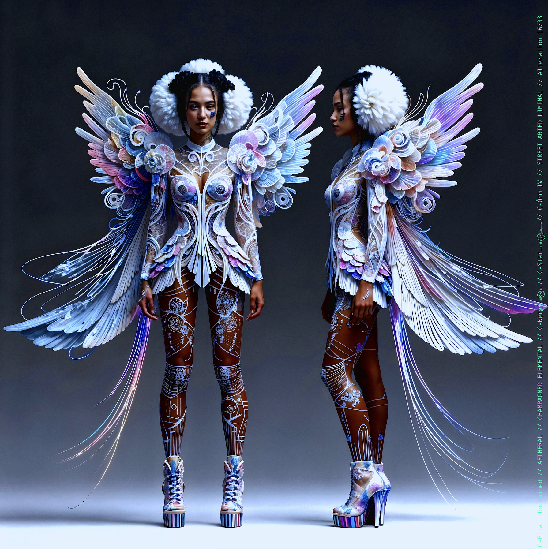 Surreal haute meta couture NFT silhouette from C Elia Unchained, Streetarted Liminal collection, merging liquid graffiti textures, neon mist, chromatic drips and atmospheric street-paint couture.