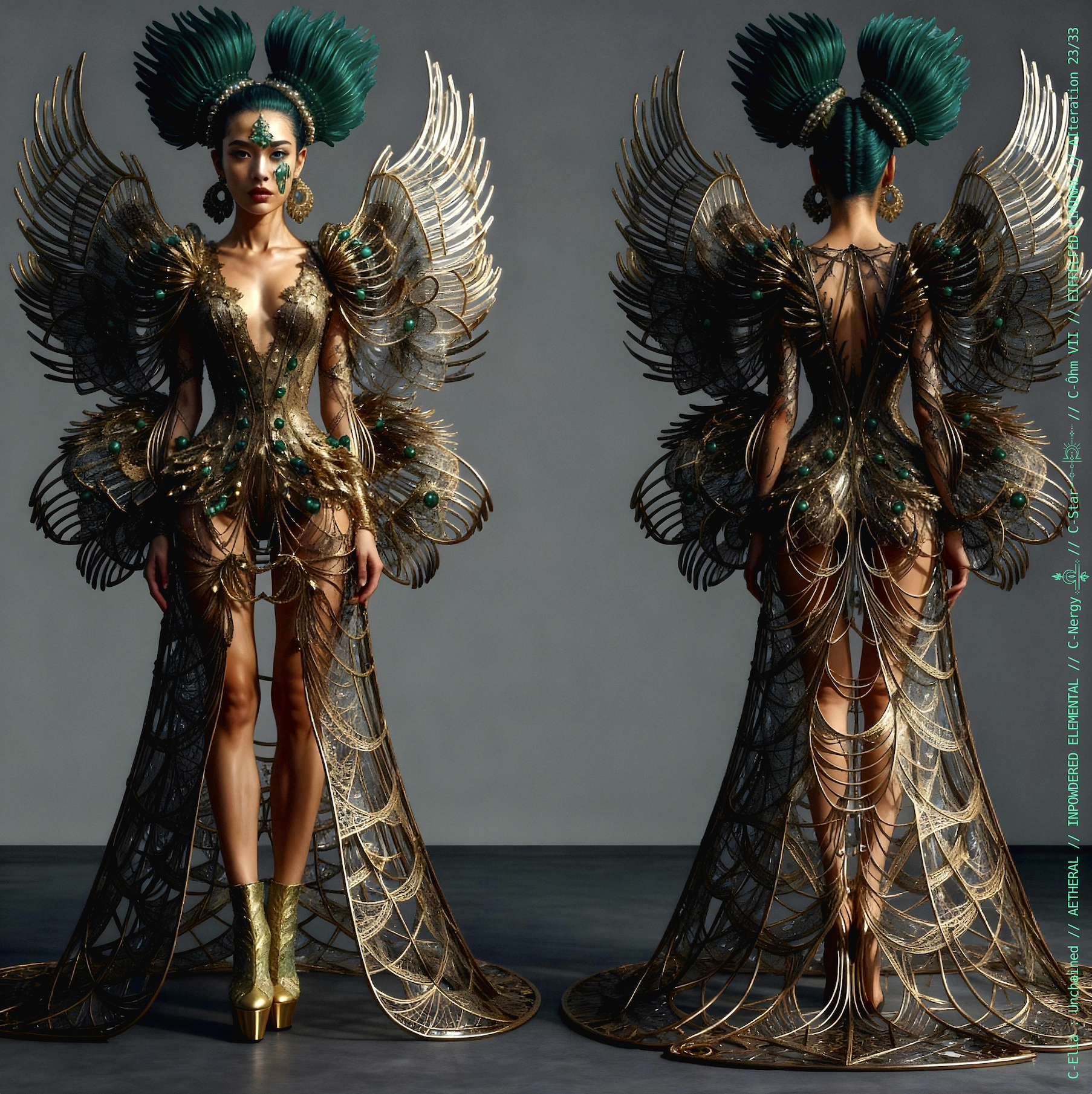 Surreal haute meta couture NFT silhouette from C Elia Unchained, Eiffelfed Liminal collection, merging openwork copper metal, emerald braids, metallic glyph makeup and Parisian architectural couture infused with the atmospheric pulse of Massive Attack and Mad Professor’s “Three.”