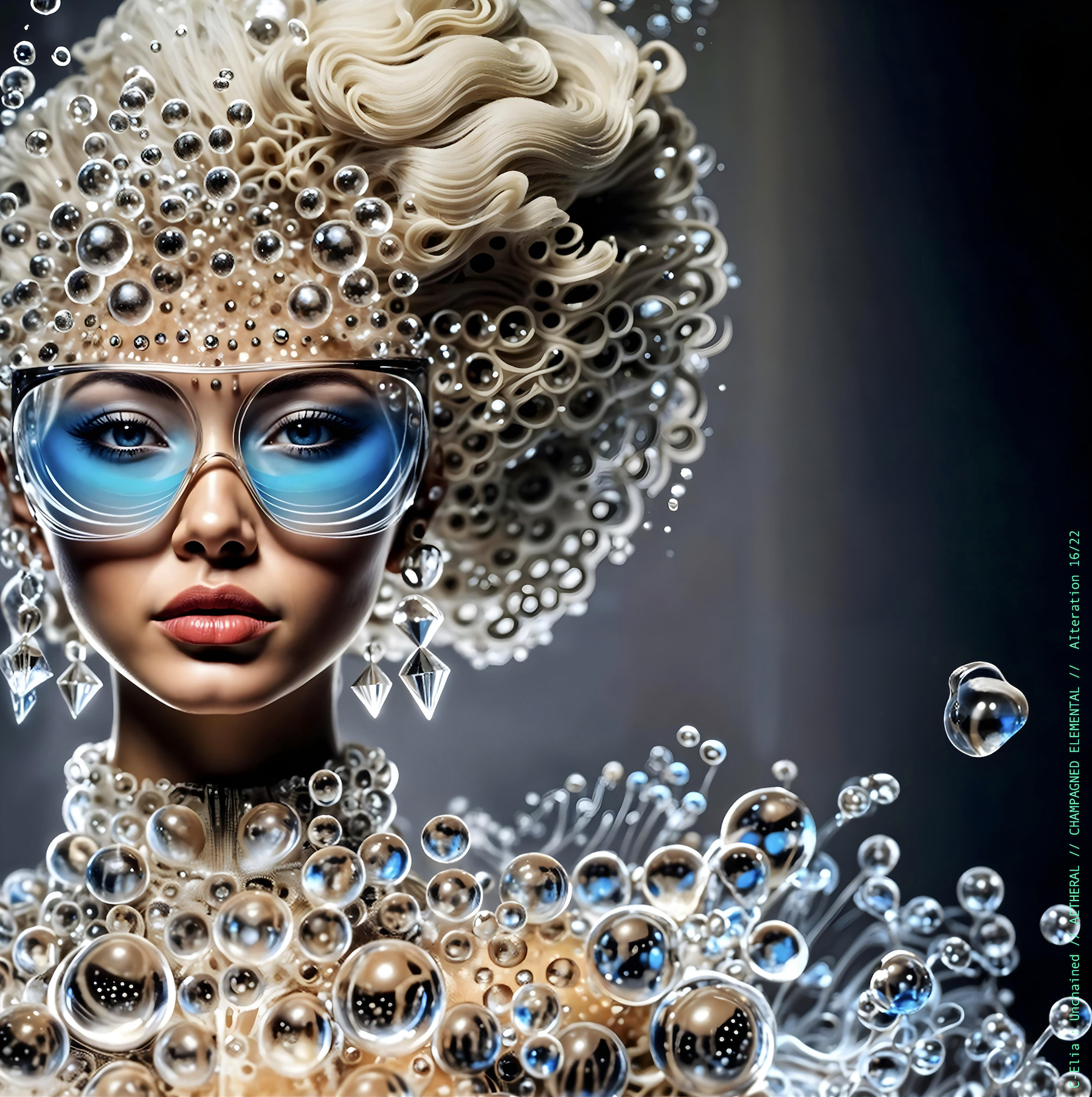 Surreal haute meta couture NFT silhouette from C Elia Unchained, Champagned Elemental collection, formed from transparent champagne bubbles, liquid cascades and retro futuristic white wave hair sculpted into effervescent couture.