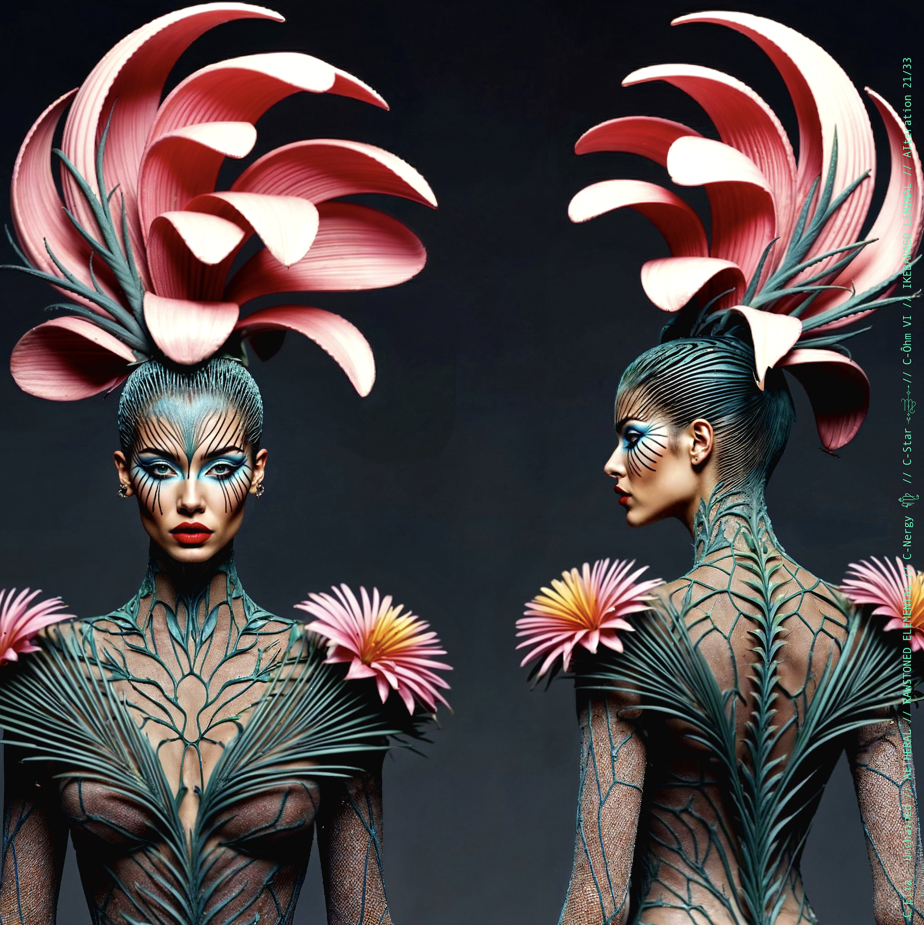 Surreal haute meta couture NFT silhouette from C-Elia: Unchained, Ikebanaed Liminal collection, inspired by floral architecture and Japanese composition, merging nature, geometry and serenity into a living couture sculpture.