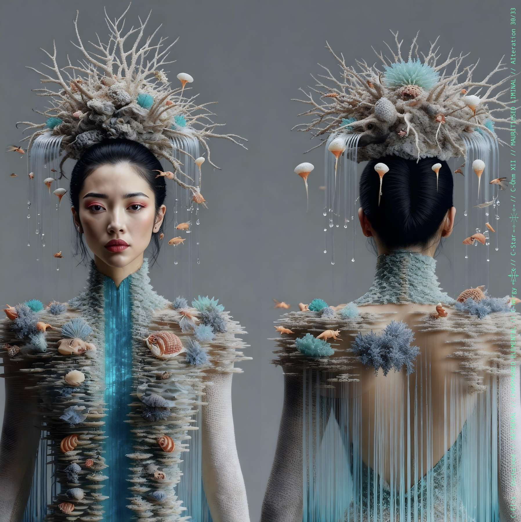 Surreal haute meta couture NFT silhouette from C-Elia: Unchained, Mauritiused Liminal collection, inspired by coral reefs and marine architecture, merging water, light and couture into a floating living sculpture
