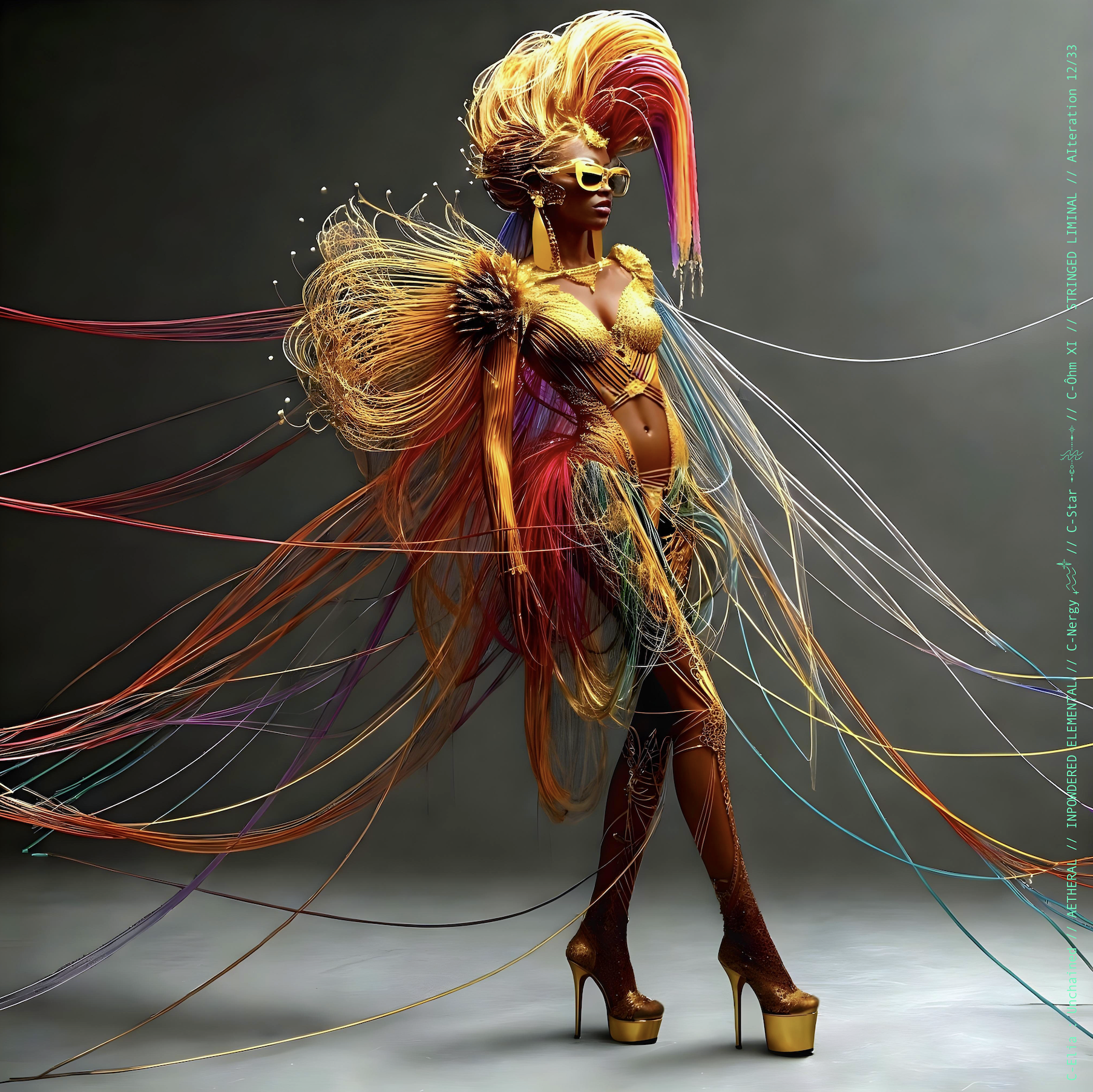 Surreal haute meta  couture NFT silhouette from C-Elia: Unchained, Stringed Liminal collection. A living sculpture made entirely of golden and colored strings, merging art, vibration and geometry into a resonant couture form.