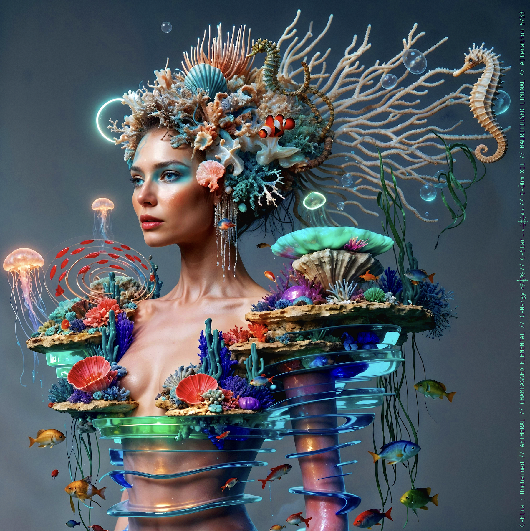 Surreal haute meta couture NFT silhouette from C-Elia: Unchained, Mauritiused Liminal collection, inspired by coral reefs and marine architecture, merging water, light and couture into a floating living sculpture