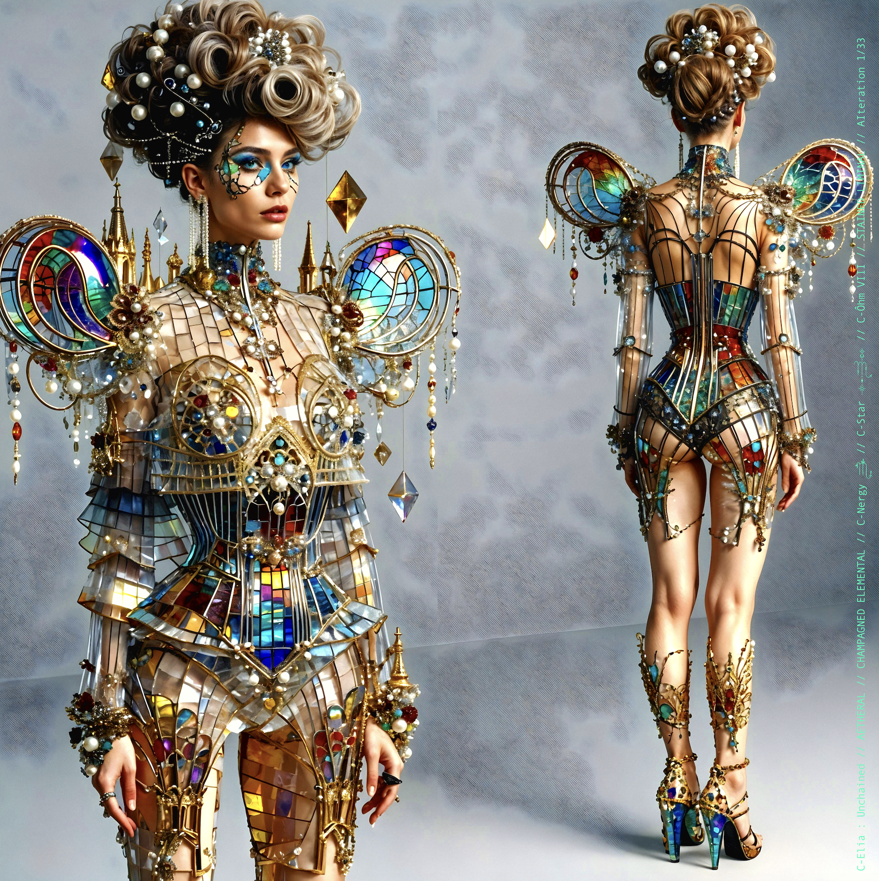 Surreal haute meta couture NFT silhouette from C-Elia: Unchained, Stained Liminal collection, inspired by cathedral stained glass and Mondrian geometry, merging sacred light, metallic reflections, and futuristic architecture into a living holographic couture sculpture.