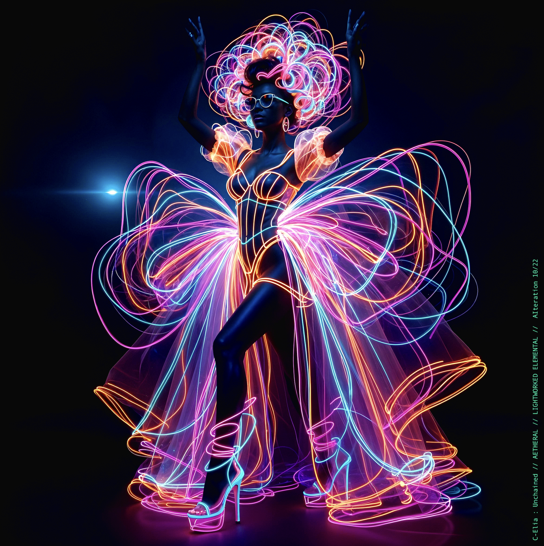 Surreal haute meta couture NFT silhouette from C-Elia: Unchained, Lightworked Elemental collection, a luminous architectural form sketched entirely in neon-painted lines and glowing contours, blending avant-garde light geometry with ethereal couture energy.