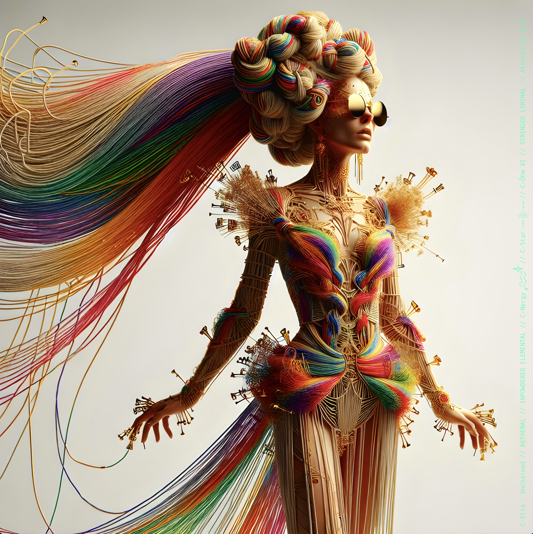 Surreal haute meta  couture NFT silhouette from C-Elia: Unchained, Stringed Liminal collection. A living sculpture made entirely of golden and colored strings, merging art, vibration and geometry into a resonant couture form.