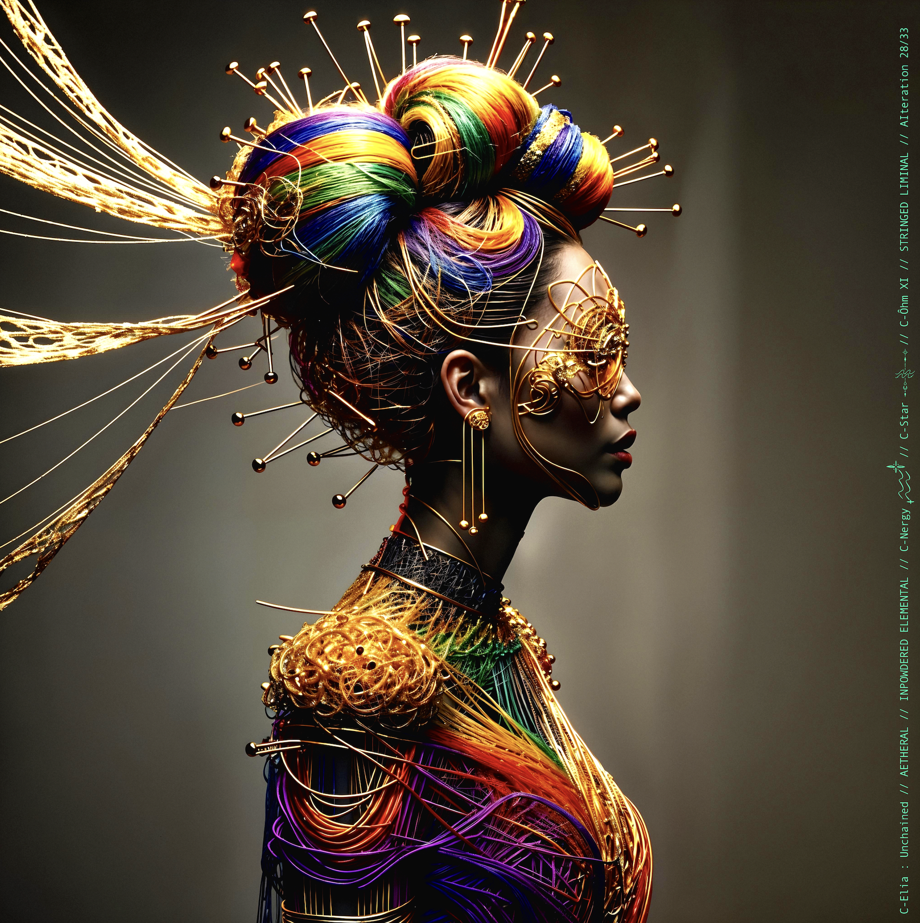 Surreal haute meta  couture NFT silhouette from C-Elia: Unchained, Stringed Liminal collection. A living sculpture made entirely of golden and colored strings, merging art, vibration and geometry into a resonant couture form.