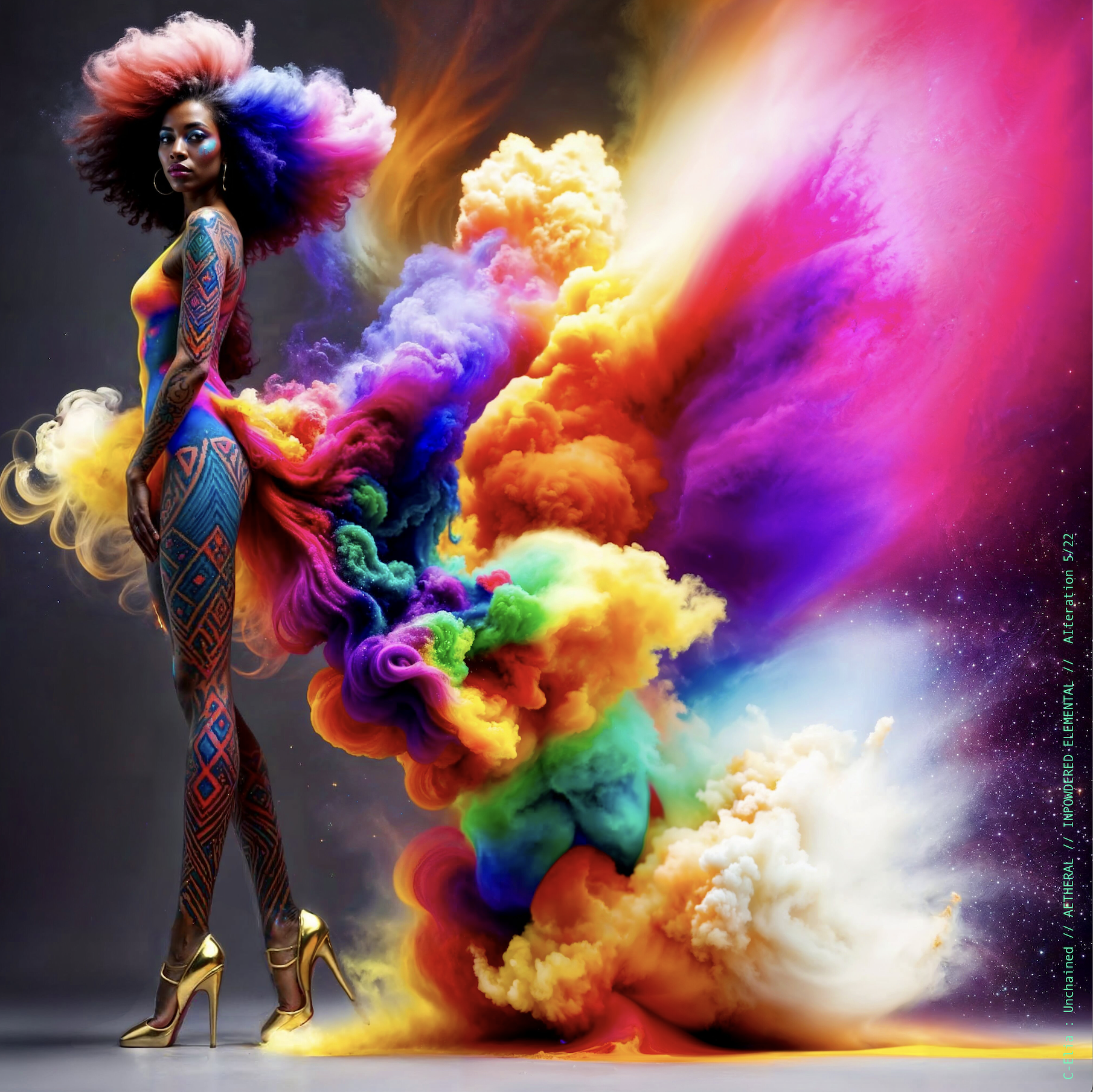 Surreal haute meta couture NFT silhouette from C Elia Unchained, Impowdered Elemental collection, formed from airborne rainbow powders, vaporous chromatic clouds and wind-sculpted avant garde couture.