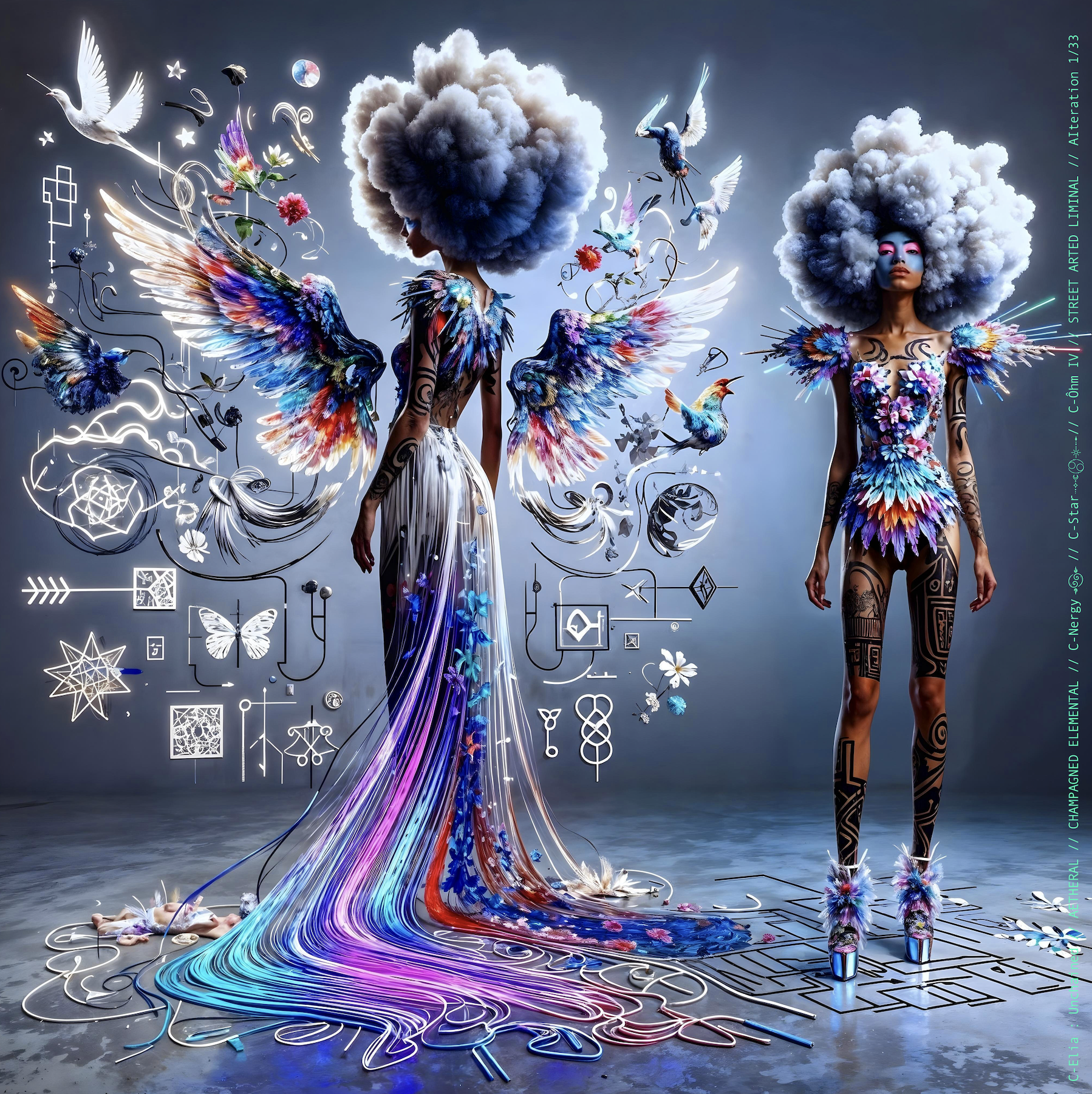 Surreal haute meta couture NFT silhouette from C Elia Unchained, Streetarted Liminal collection, merging liquid graffiti textures, neon mist, chromatic drips and atmospheric street-paint couture.