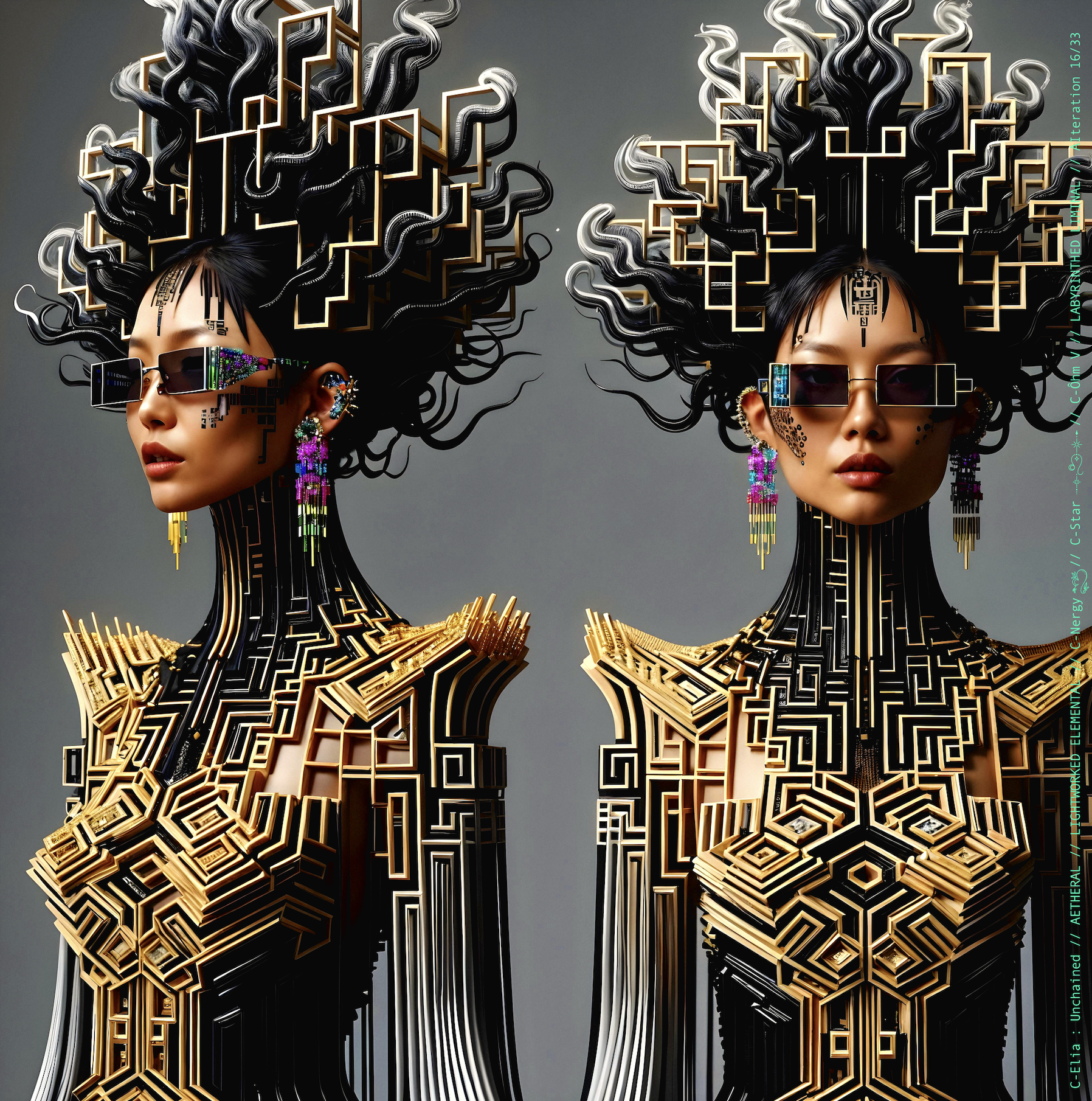 Surreal haute meta couture NFT silhouette from C Elia Unchained, Labyrinthed Liminal collection, inspired by mirrored labyrinth geometry and the chromatic echo of Blue Boy’s “Remember Me,” merging pixel tattoos, gold voxel structures and reflective couture architecture.