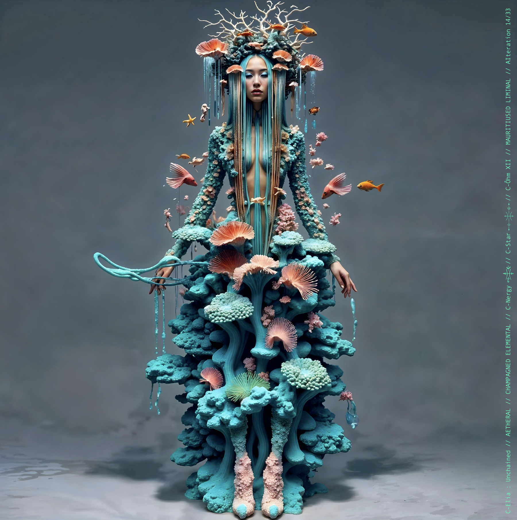 Surreal haute meta couture NFT silhouette from C-Elia: Unchained, Mauritiused Liminal collection, inspired by coral reefs and marine architecture, merging water, light and couture into a floating living sculpture