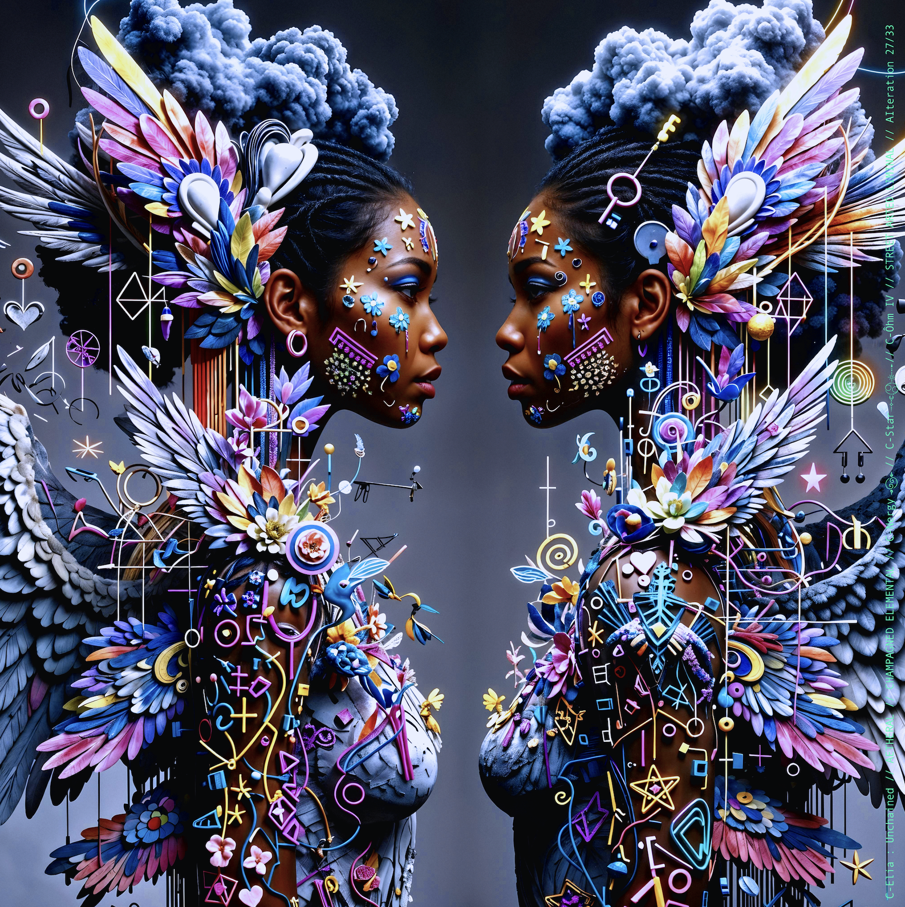 Surreal haute meta couture NFT silhouette from C Elia Unchained, Streetarted Liminal collection, merging liquid graffiti textures, neon mist, chromatic drips and atmospheric street-paint couture.