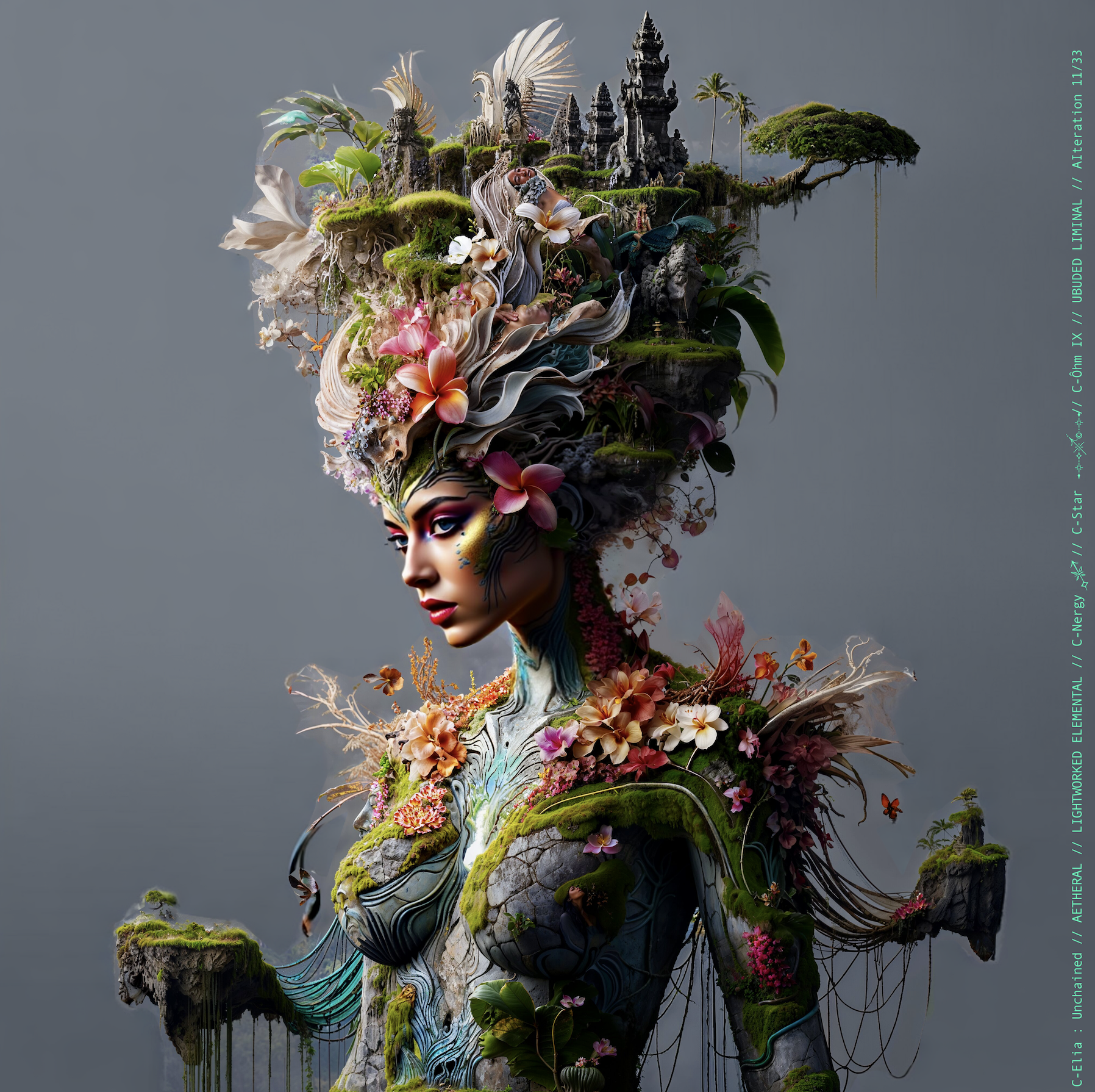 Surreal haute meta couture NFT silhouette from C Elia Unchained, Ubuded Liminal collection, merging tropical Balinese garden architecture, volcanic stone, drifting petals, incense smoke and sacred botanical couture inspired by Asian Dub Foundation’s “Witness.”