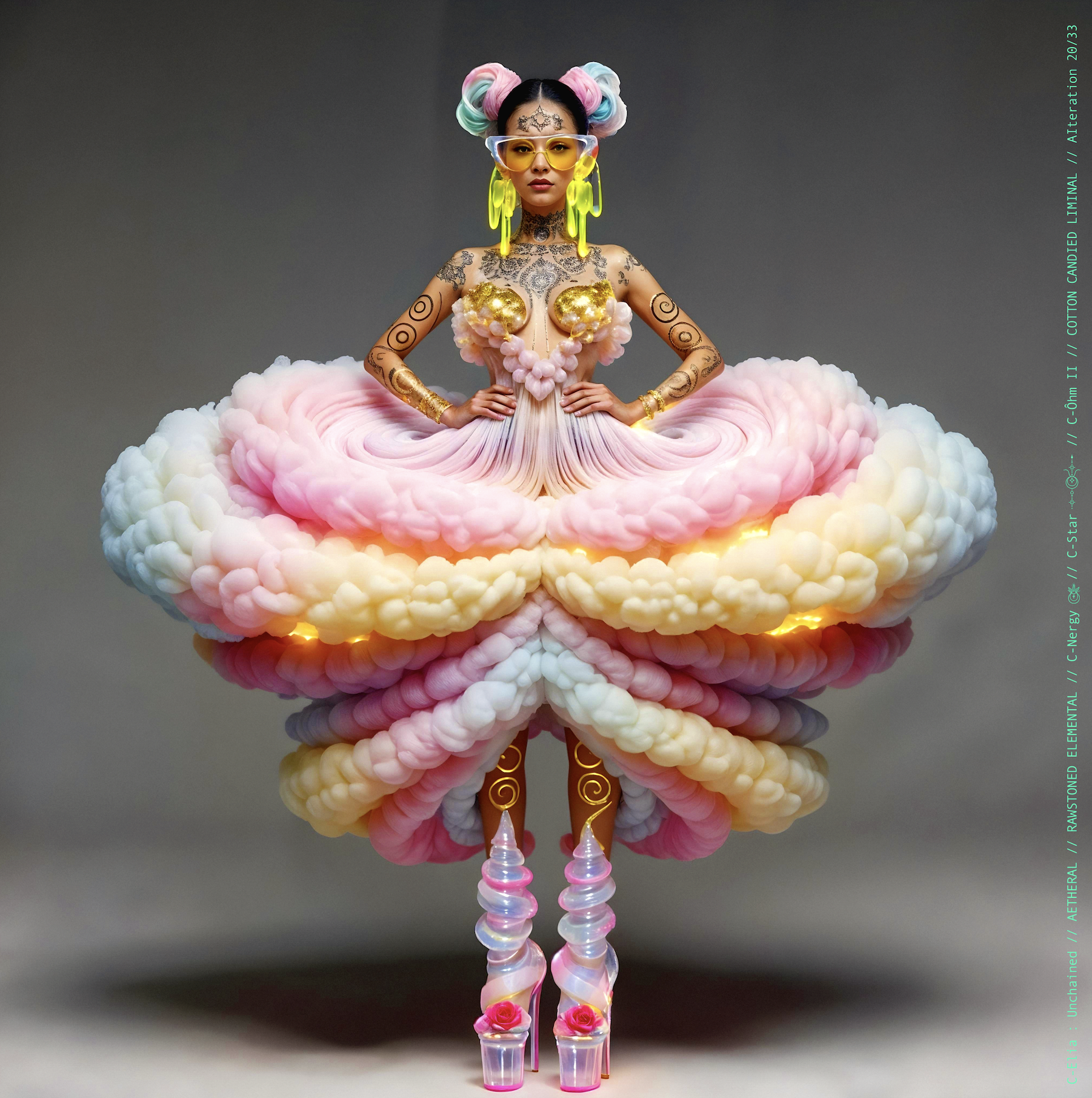 Surreal haute meta couture NFT silhouette from C Elia: Unchained, Cotton Candied Liminal collection, inspired by pastel cotton candy clouds and Khmer gold tattoos, merging sweetness, rebellion and couture into a living vaporous sculpture.