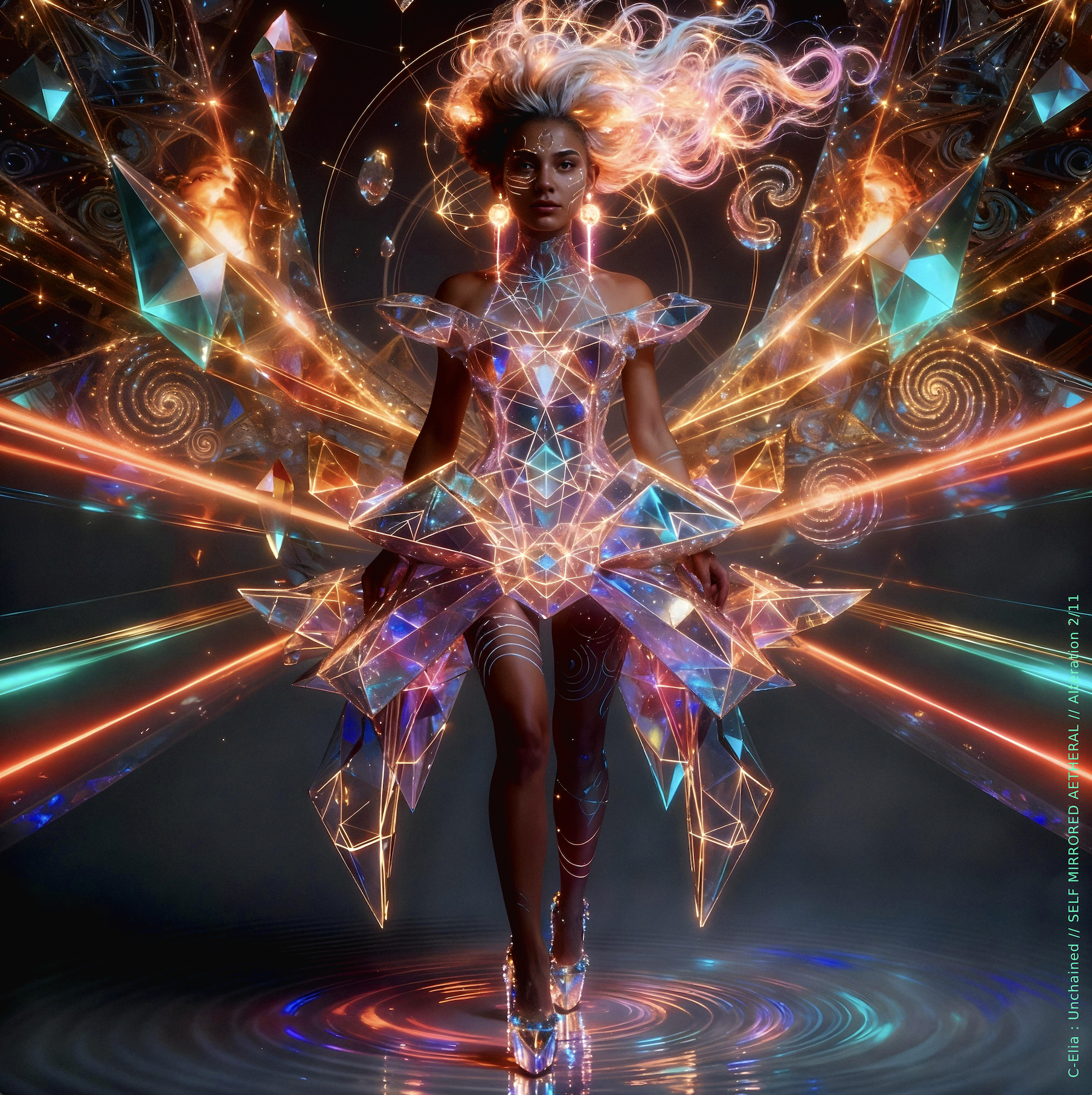 Surreal haute meta couture NFT silhouette from C Elia Unchained, Self Mirrored Aetheral collection, merging sacred geometry, plasma light, spectral prisms and refracted fire into a multidimensional couture structure inspired by M I A’s Bells Collection mixtape.