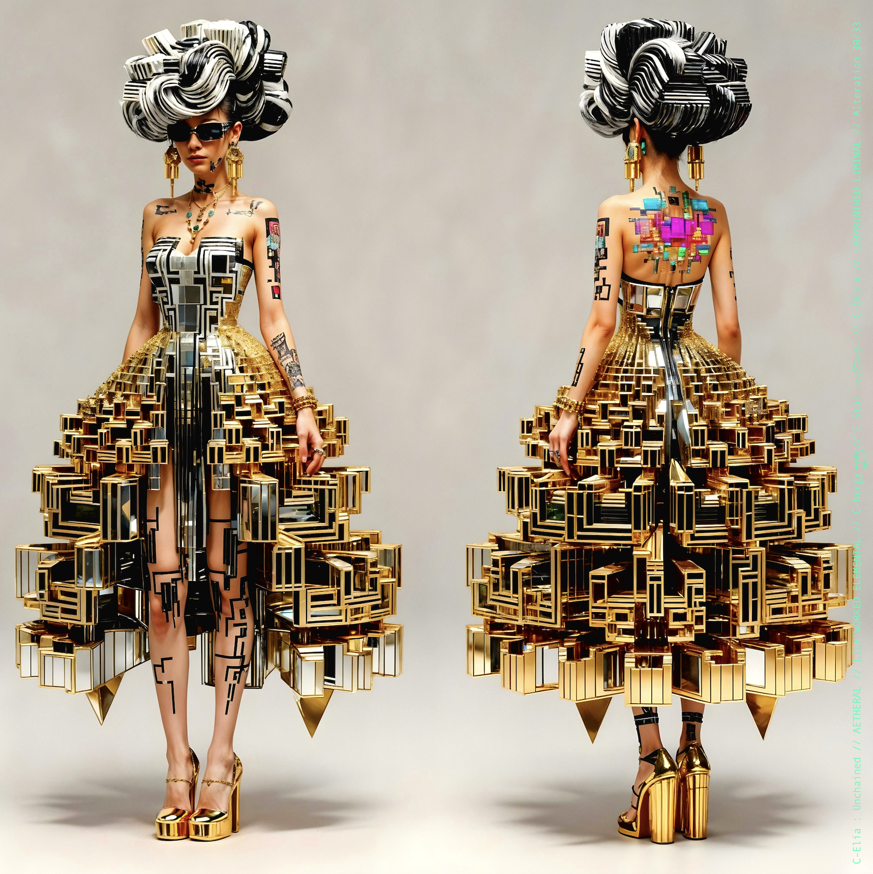 Surreal haute meta couture NFT silhouette from C Elia Unchained, Labyrinthed Liminal collection, inspired by mirrored labyrinth geometry and the chromatic echo of Blue Boy’s “Remember Me,” merging pixel tattoos, gold voxel structures and reflective couture architecture.