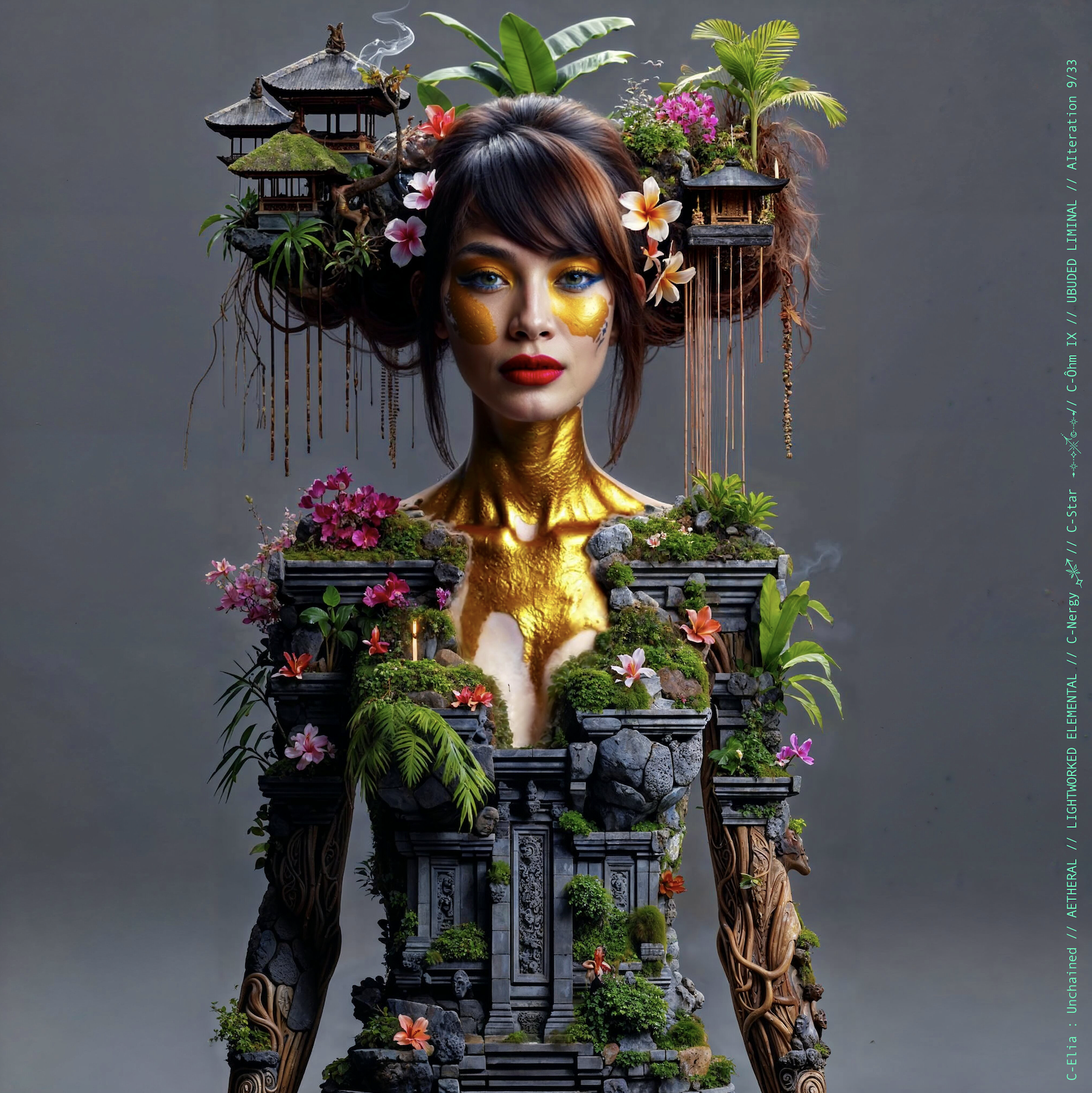 Surreal haute meta couture NFT silhouette from C Elia Unchained, Ubuded Liminal collection, merging tropical Balinese garden architecture, volcanic stone, drifting petals, incense smoke and sacred botanical couture inspired by Asian Dub Foundation’s “Witness.”