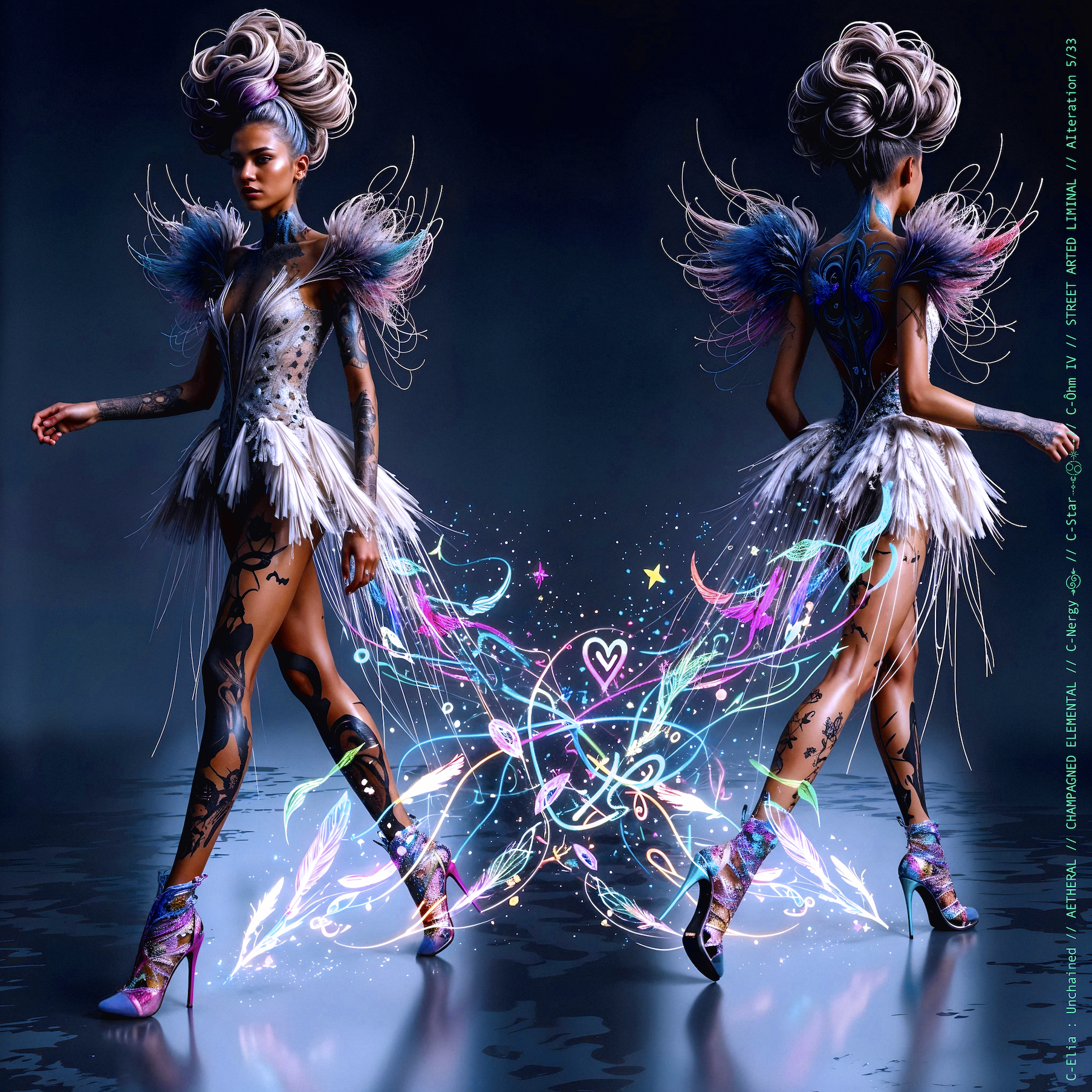 Surreal haute meta couture NFT silhouette from C Elia Unchained, Streetarted Liminal collection, merging liquid graffiti textures, neon mist, chromatic drips and atmospheric street-paint couture.