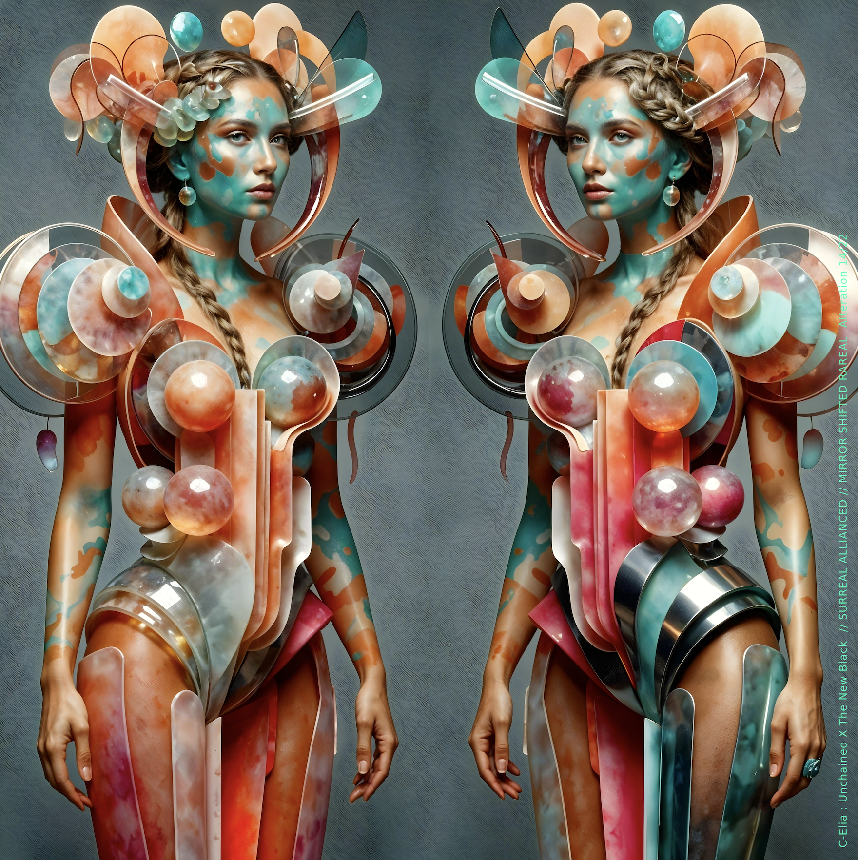 Surreal haute meta couture NFT silhouette from C-Elia: Unchained, Thenewblacked Allianced Liminal, created in collaboration with tThe New Black, merging resin, glass, acrylic and light into a living prism of translucent geometry.