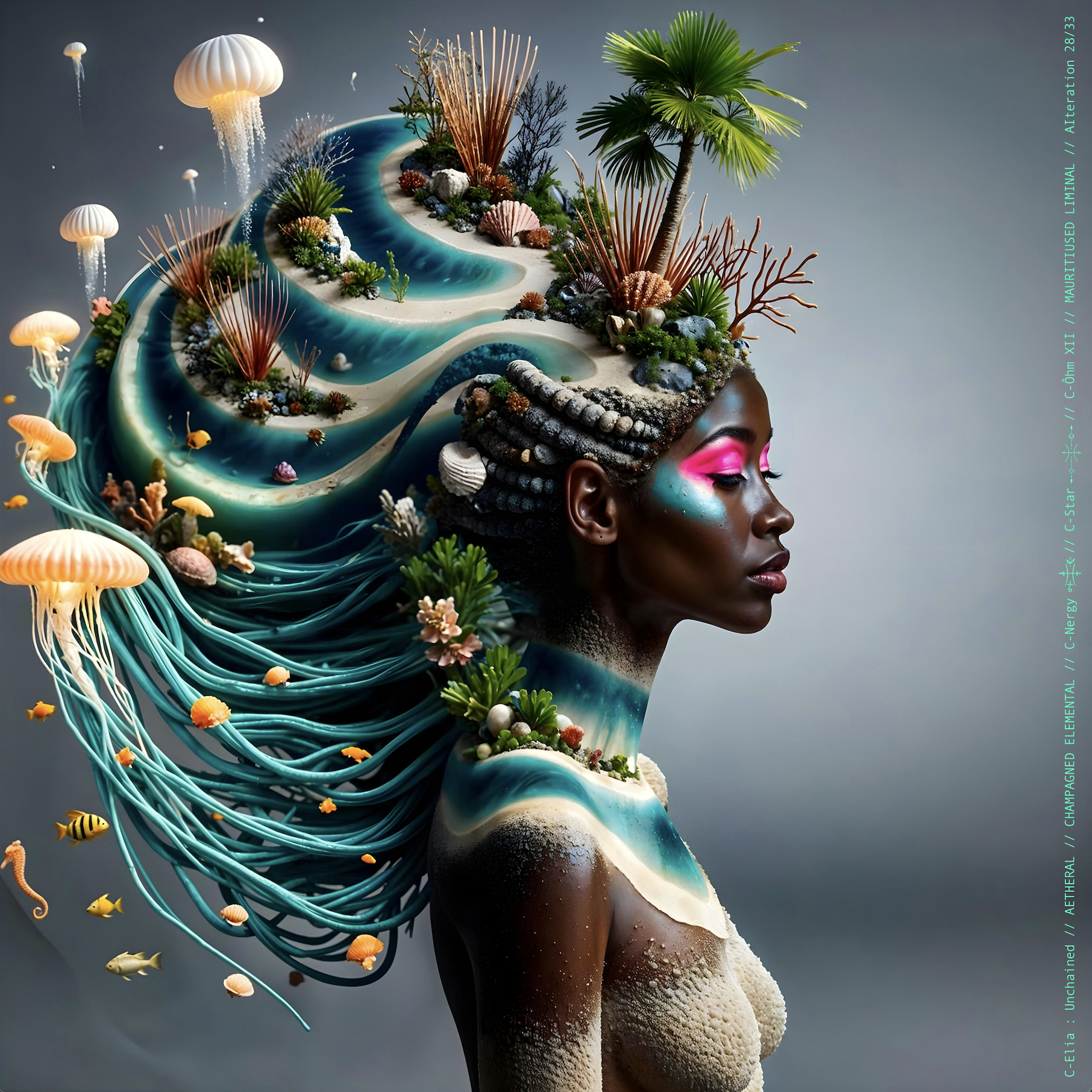 Surreal haute meta couture NFT silhouette from C-Elia: Unchained, Mauritiused Liminal collection, inspired by coral reefs and marine architecture, merging water, light and couture into a floating living sculpture