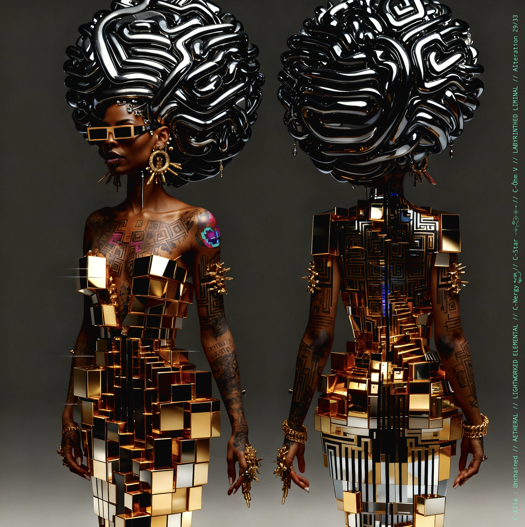Surreal haute meta couture NFT silhouette from C Elia Unchained, Labyrinthed Liminal collection, inspired by mirrored labyrinth geometry and the chromatic echo of Blue Boy’s “Remember Me,” merging pixel tattoos, gold voxel structures and reflective couture architecture.