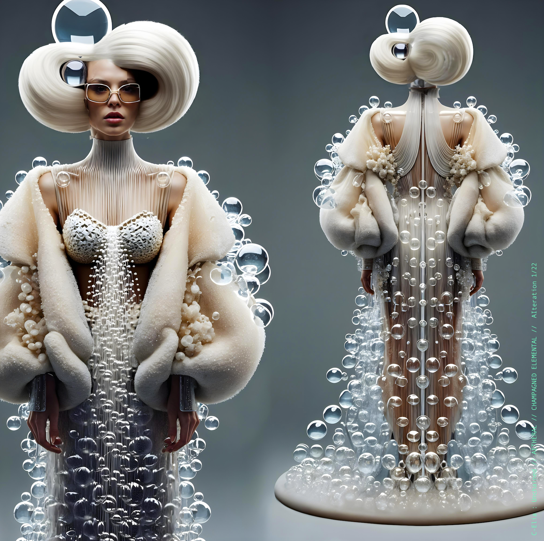Surreal haute meta couture NFT silhouette from C Elia Unchained, Champagned Elemental collection, formed from transparent champagne bubbles, liquid cascades and retro futuristic white wave hair sculpted into effervescent couture.