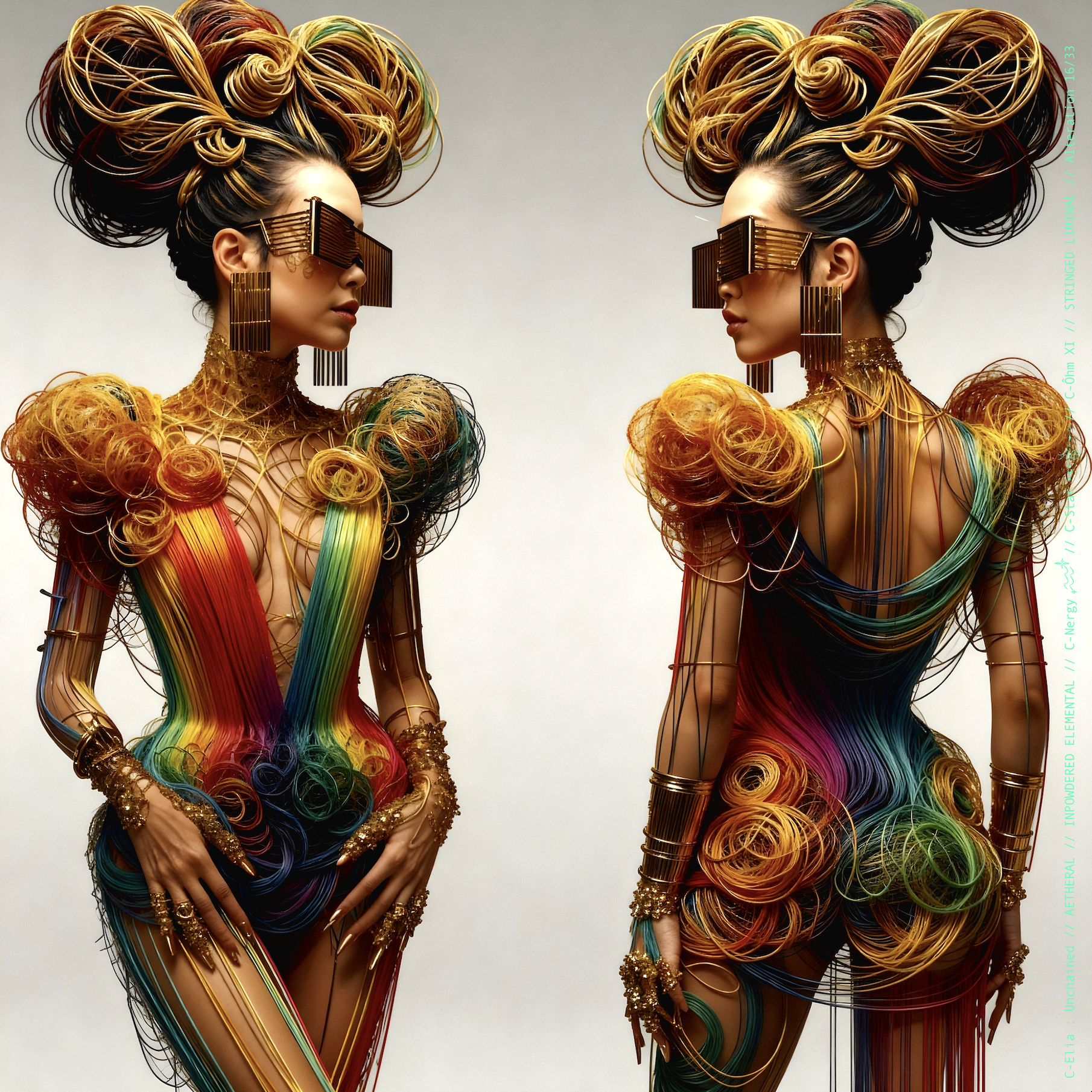 Surreal haute meta  couture NFT silhouette from C-Elia: Unchained, Stringed Liminal collection. A living sculpture made entirely of golden and colored strings, merging art, vibration and geometry into a resonant couture form.