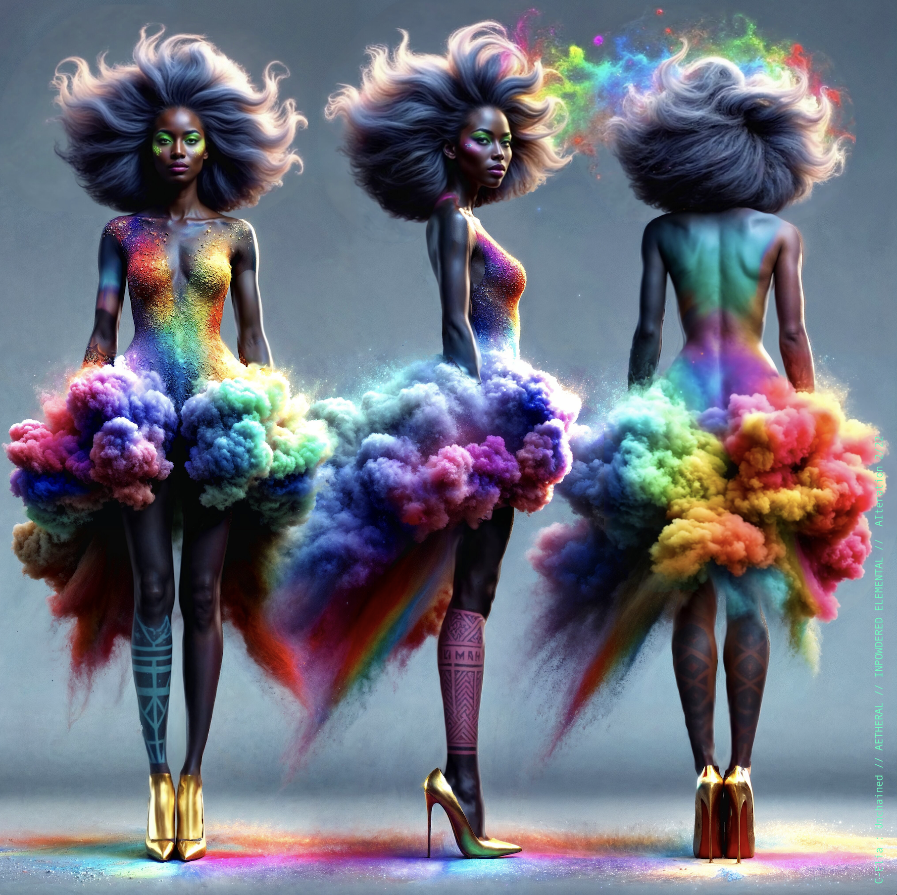 Surreal haute meta couture NFT silhouette from C Elia Unchained, Impowdered Elemental collection, formed from airborne rainbow powders, vaporous chromatic clouds and wind-sculpted avant garde couture.