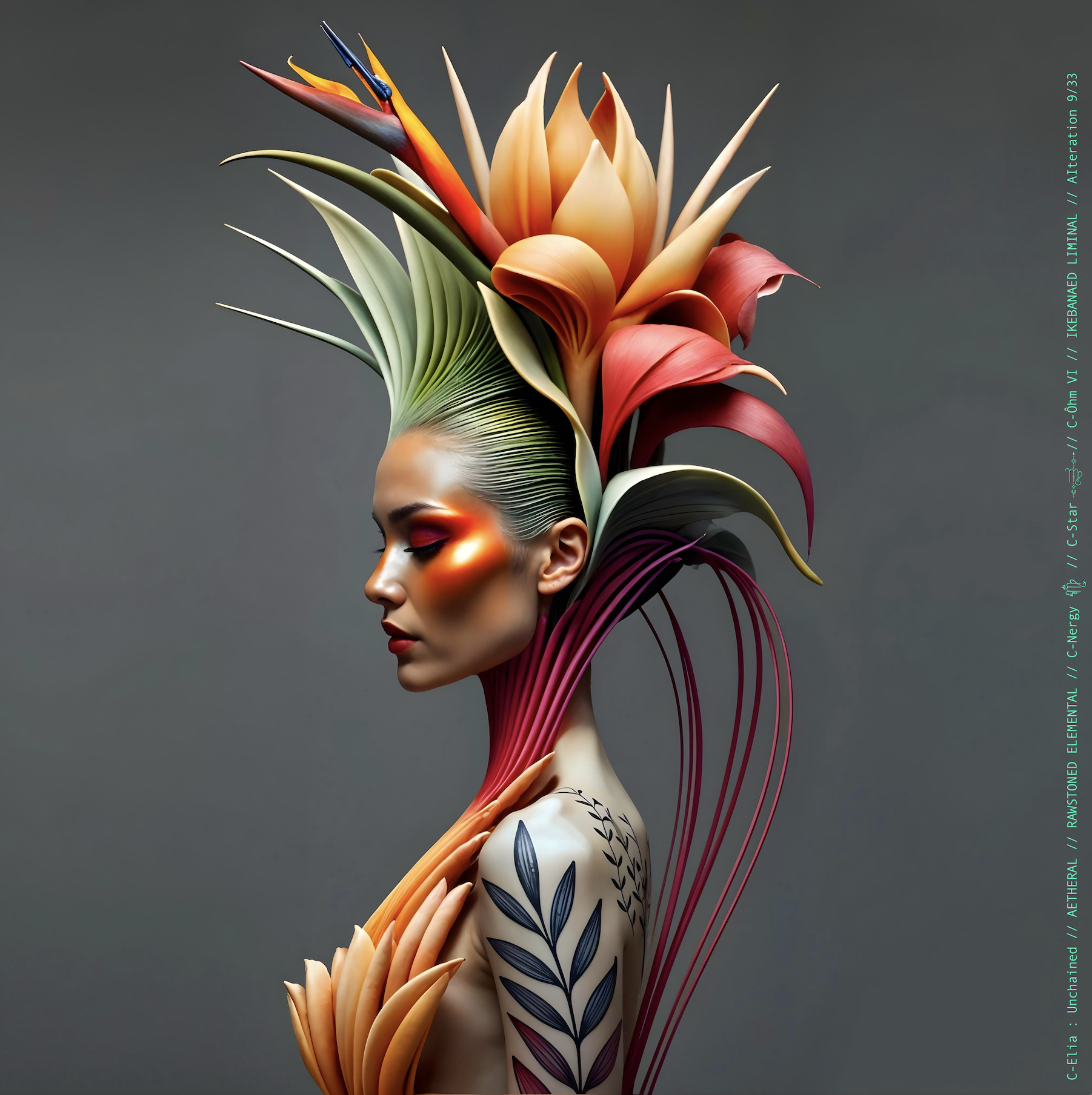 Surreal haute meta couture NFT silhouette from C-Elia: Unchained, Ikebanaed Liminal collection, inspired by floral architecture and Japanese composition, merging nature, geometry and serenity into a living couture sculpture.