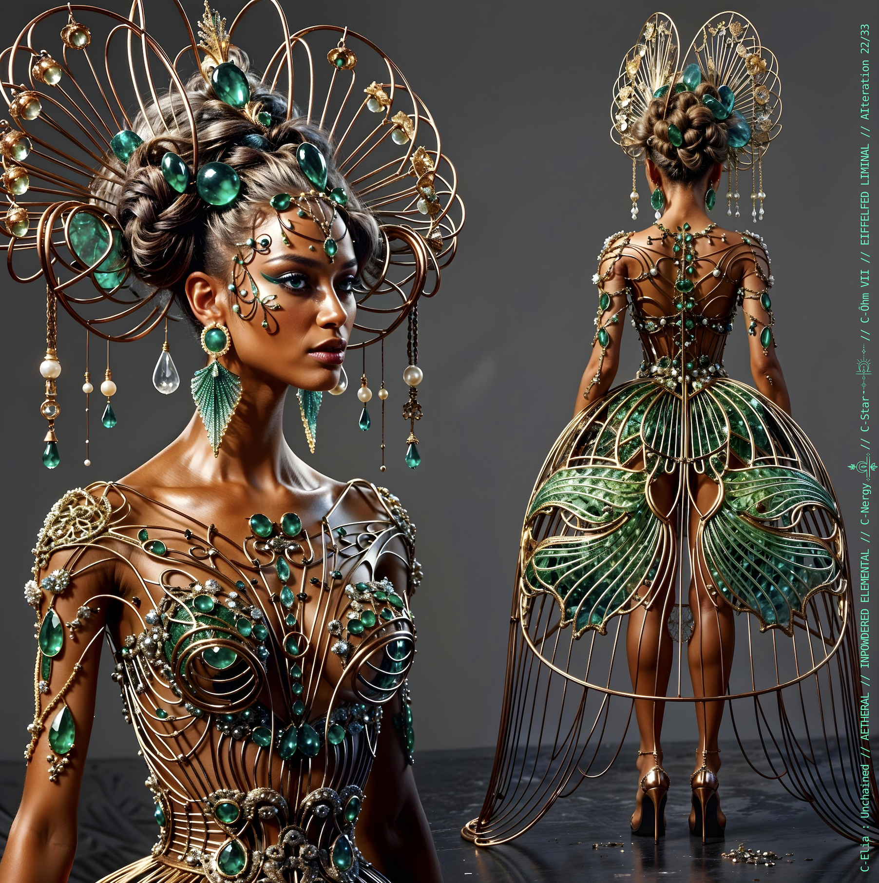 Surreal haute meta couture NFT silhouette from C Elia Unchained, Eiffelfed Liminal collection, merging openwork copper metal, emerald braids, metallic glyph makeup and Parisian architectural couture infused with the atmospheric pulse of Massive Attack and Mad Professor’s “Three.”