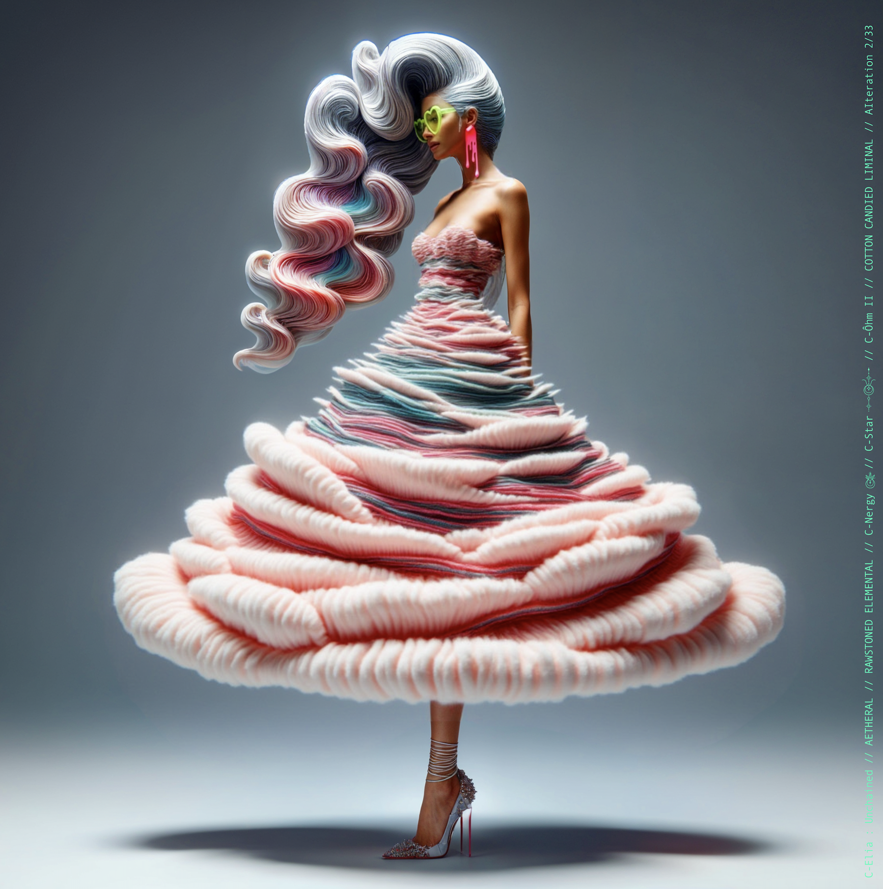 Surreal haute meta couture NFT silhouette from C Elia: Unchained, Cotton Candied Liminal collection, inspired by pastel cotton candy clouds and Khmer gold tattoos, merging sweetness, rebellion and couture into a living vaporous sculpture.