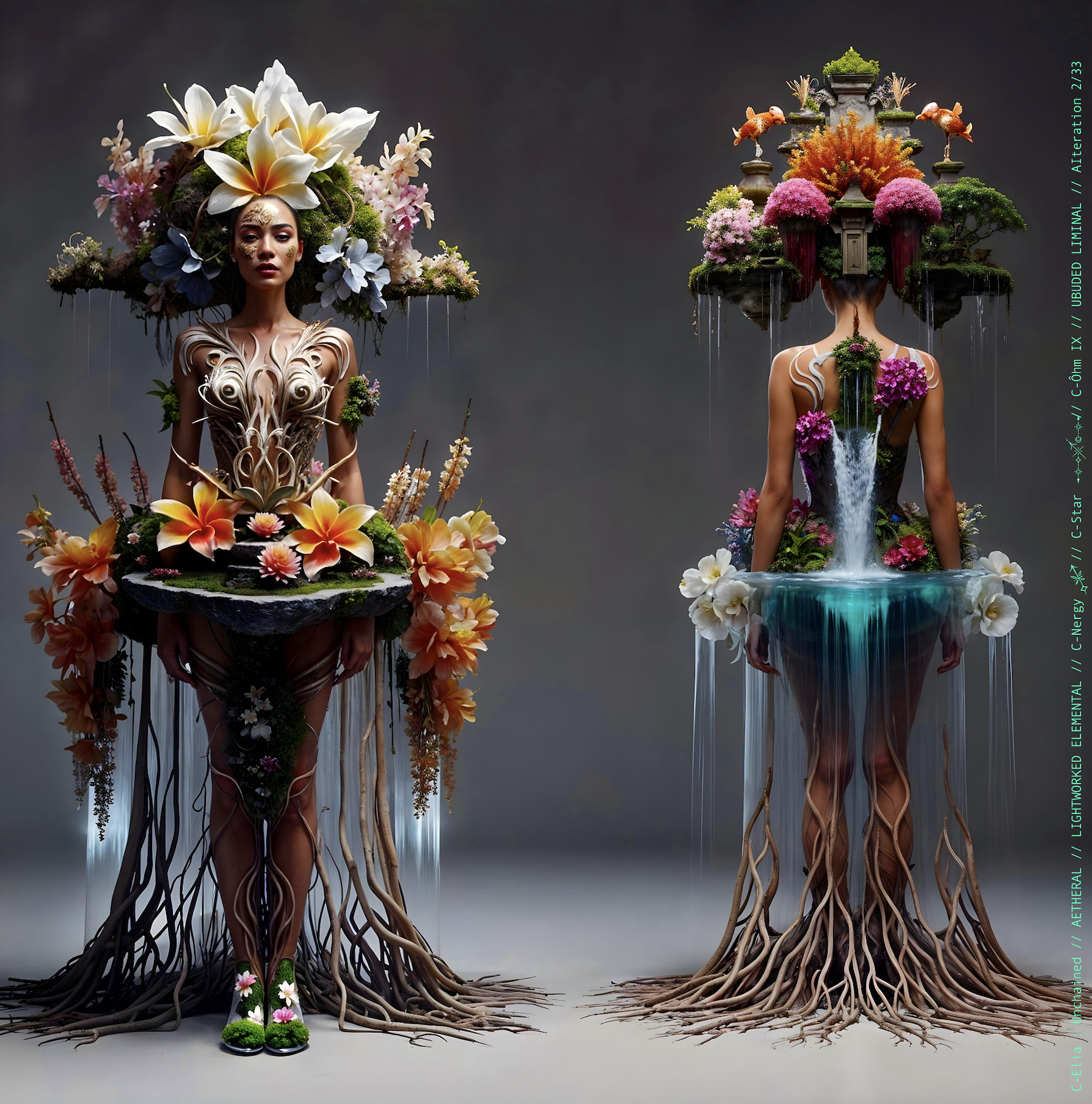 Surreal haute meta couture NFT silhouette from C Elia Unchained, Ubuded Liminal collection, merging tropical Balinese garden architecture, volcanic stone, drifting petals, incense smoke and sacred botanical couture inspired by Asian Dub Foundation’s “Witness.”