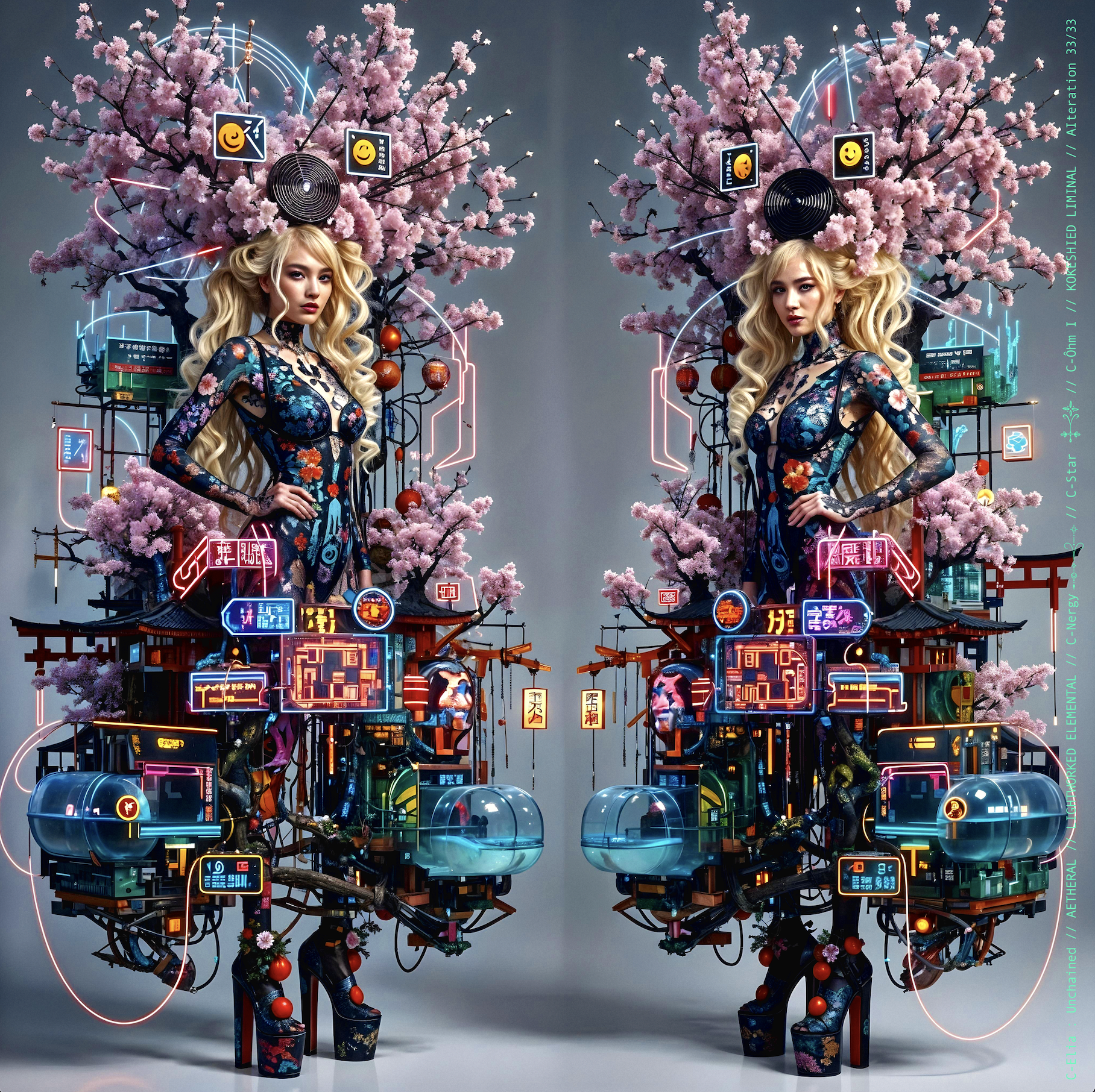 Surreal haute meta couture NFT silhouette from C-Elia: Unchained, Kokeshied Liminal, a fusion of Kyoto serenity and Shibuya light embodied in a living digital shrine.