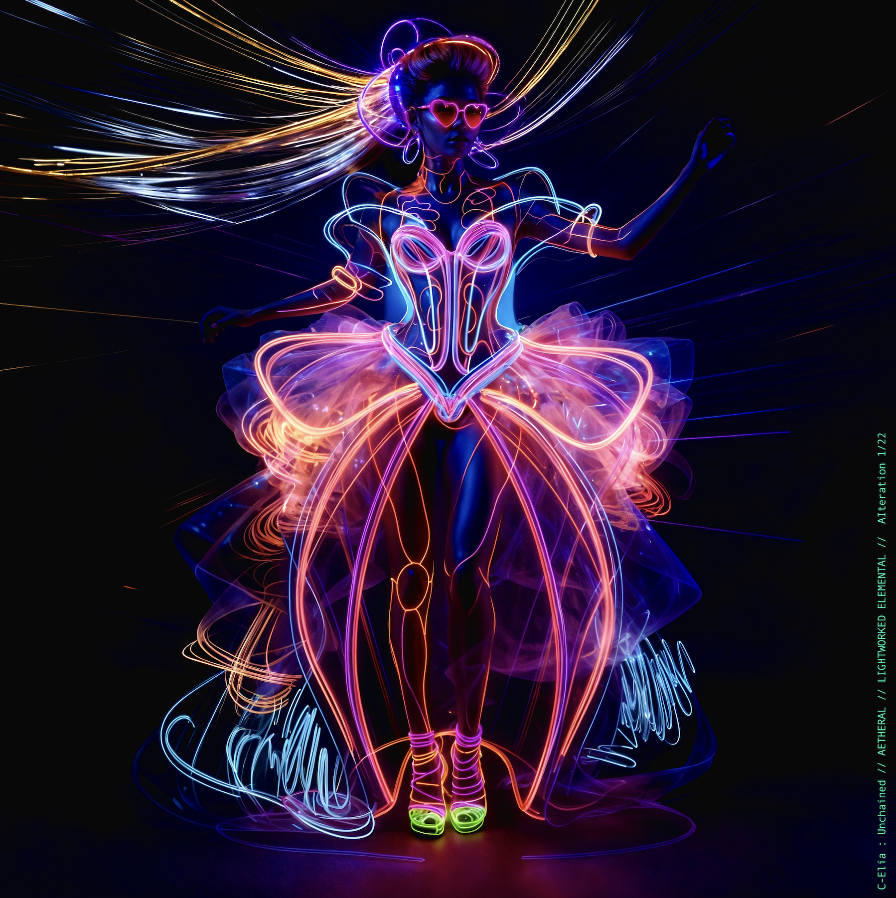 Surreal haute meta couture NFT silhouette from C-Elia: Unchained, Lightworked Elemental collection, a luminous architectural form sketched entirely in neon-painted lines and glowing contours, blending avant-garde light geometry with ethereal couture energy.