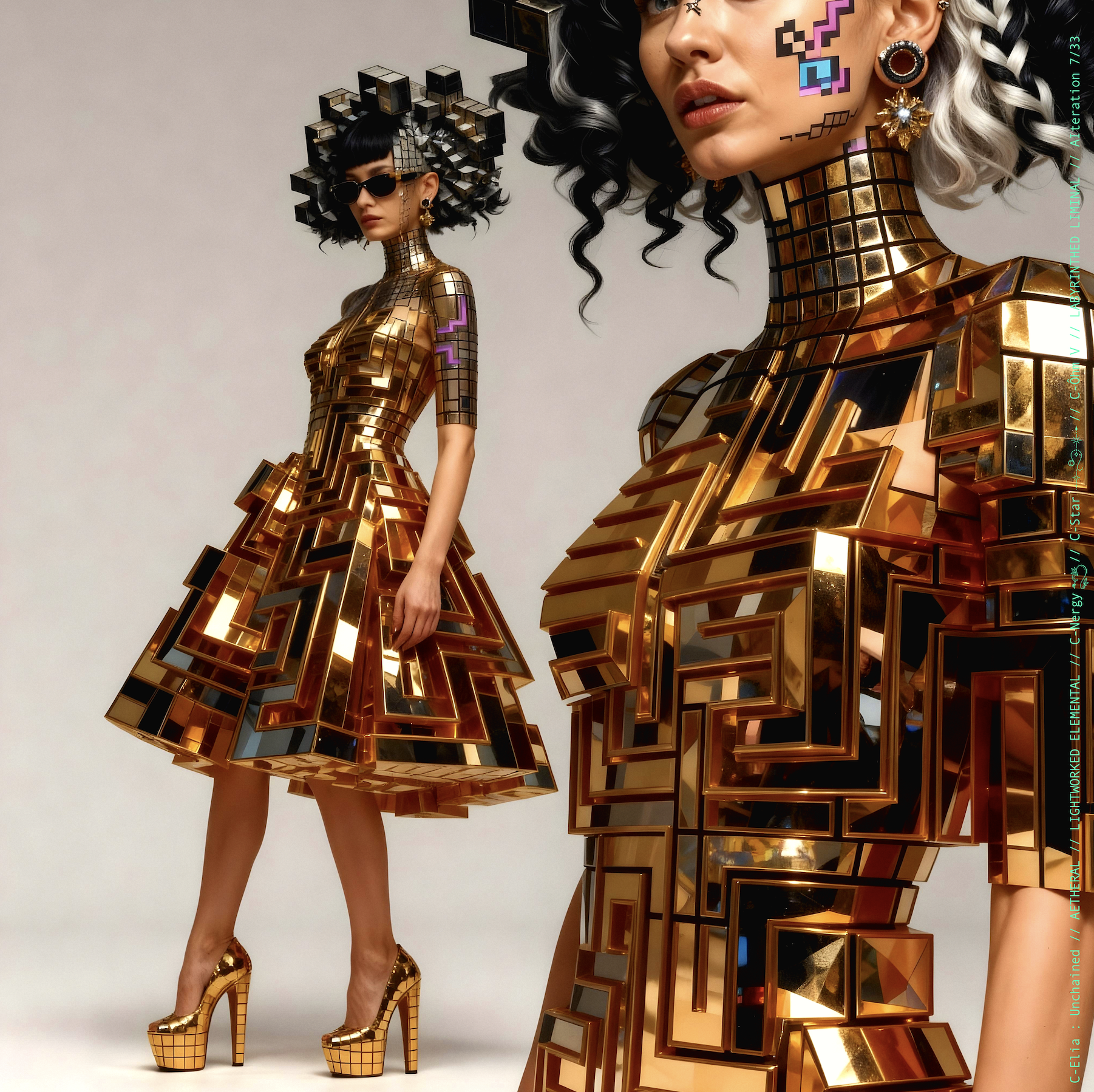 Surreal haute meta couture NFT silhouette from C Elia Unchained, Labyrinthed Liminal collection, inspired by mirrored labyrinth geometry and the chromatic echo of Blue Boy’s “Remember Me,” merging pixel tattoos, gold voxel structures and reflective couture architecture.